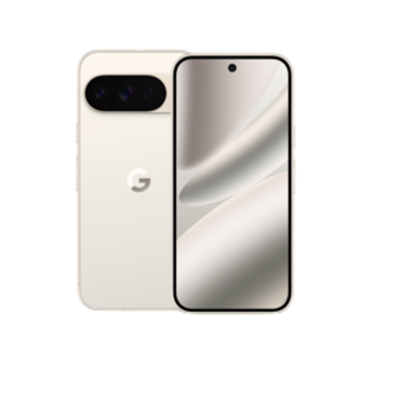 Un smartphone avec un dos et un écran crème. Il possède une caméra et le logo Google au dos. L'écran affiche un motif gris clair.