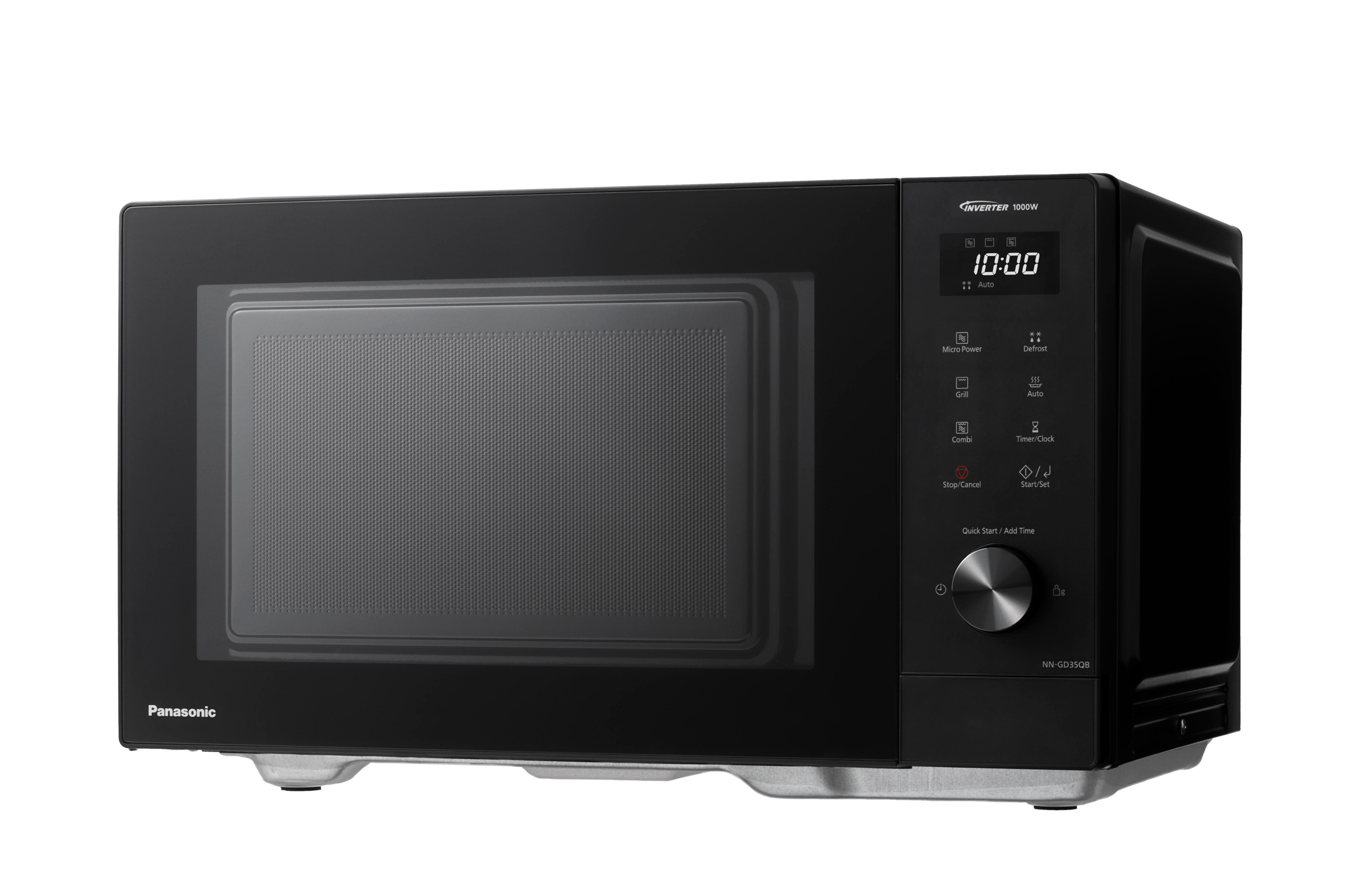 Ein schwarzer Panasonic-Mikrowellenherd mit Digitalanzeige 10:00. Er hat verschiedene Funktionstasten und einen Drehknopf.