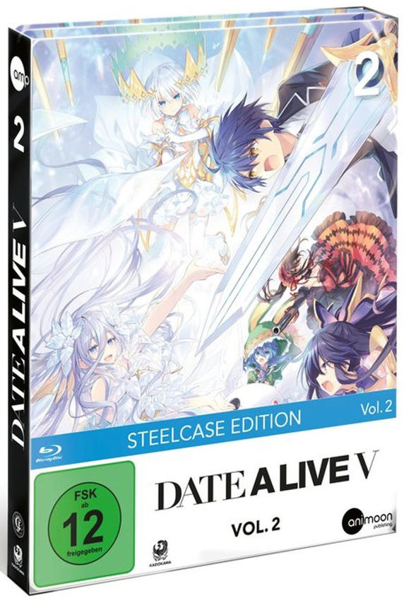Anime-DVD-Cover mit Charakteren, Titel 'Date A Live V', Vol. 2, Steelcase Edition. Enthält Charaktere mit Schwertern und eine Bewertung.