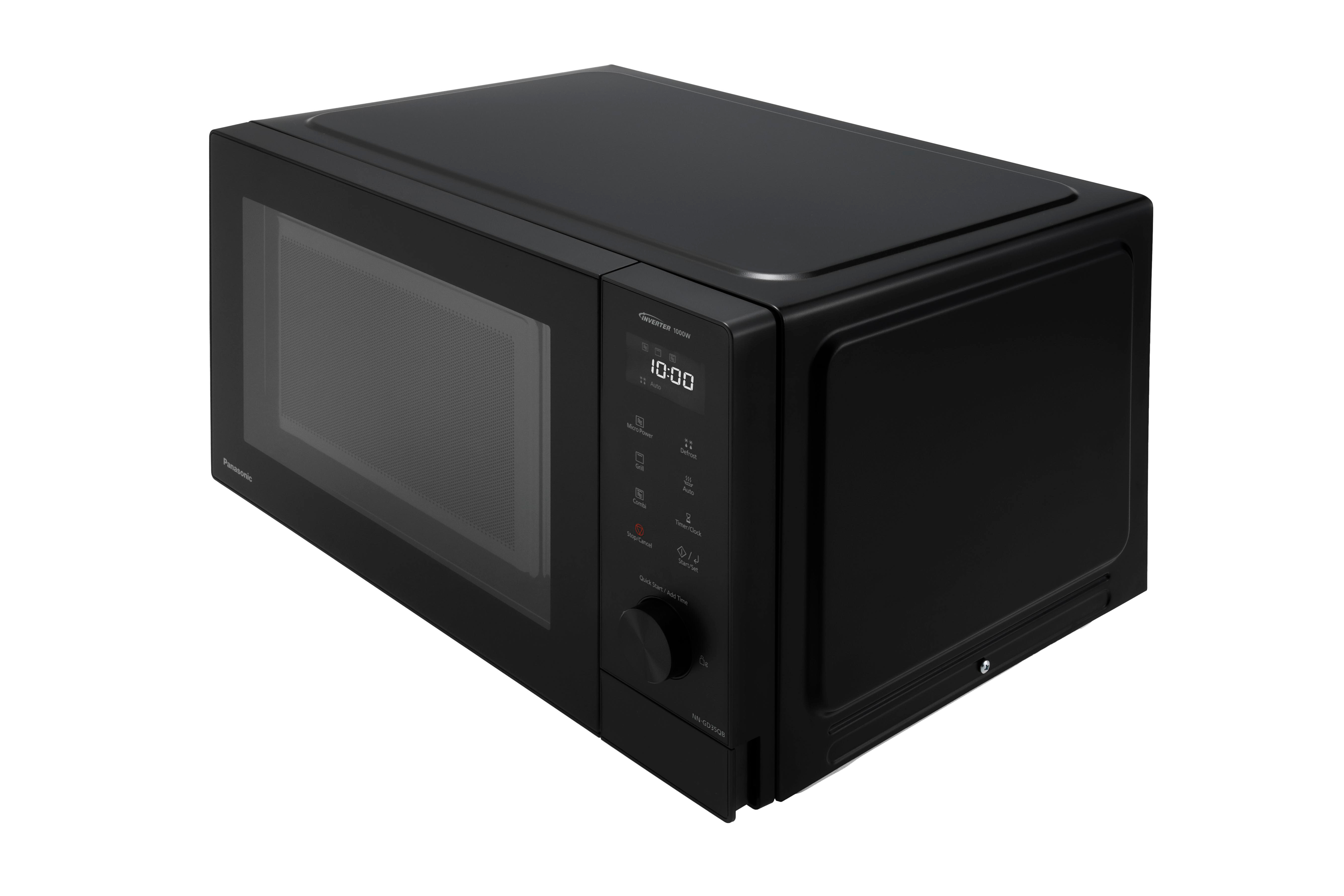 Schwarze Mikrowelle mit Digitalanzeige 10:00. Mit Bedienfeld und Knöpfen sowie einem Drehregler.