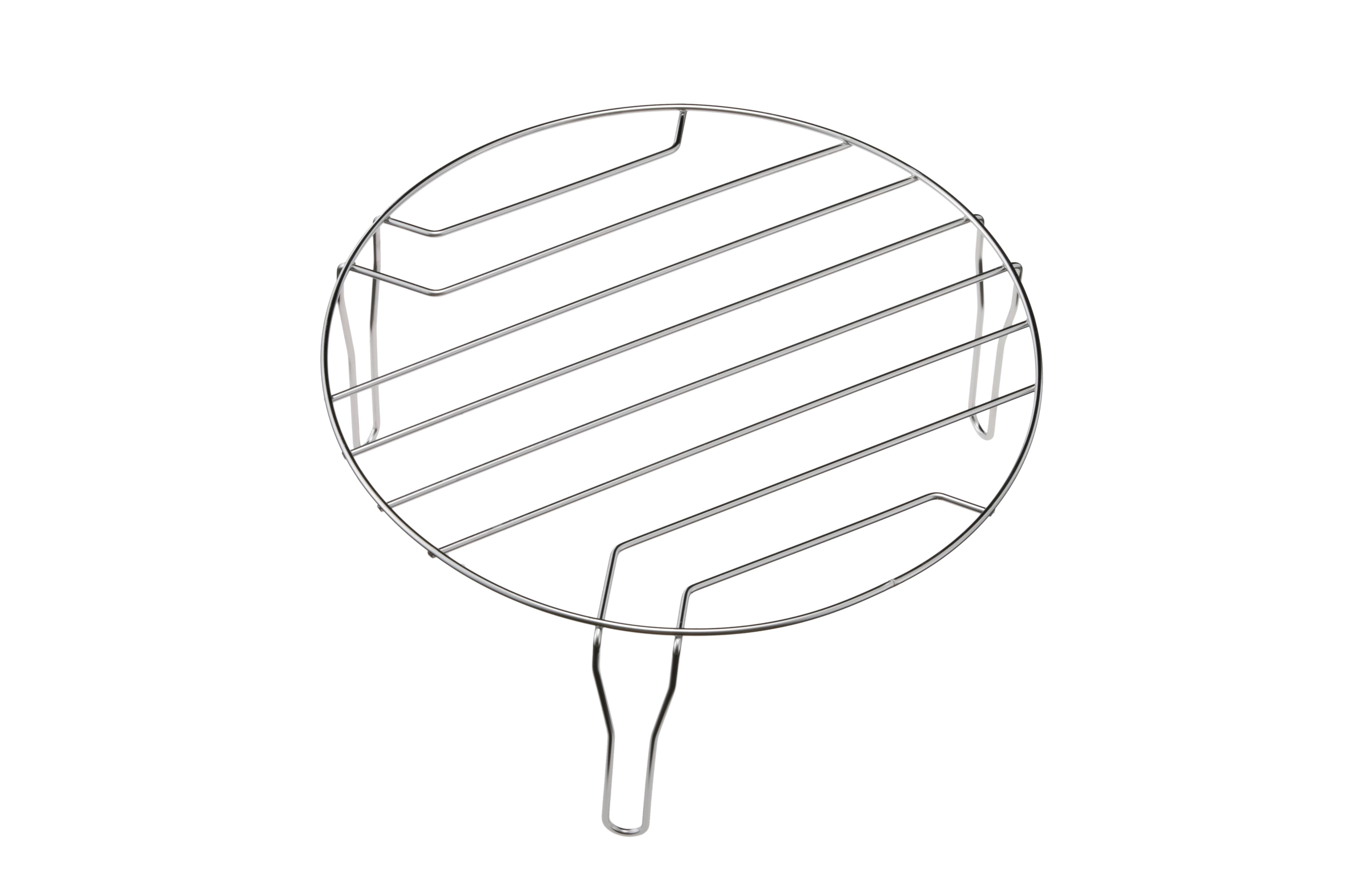 Ein kreisförmiger Metallgrill, silberfarben, mit parallelen Stäben und einem Griff, isoliert auf weißem Hintergrund.