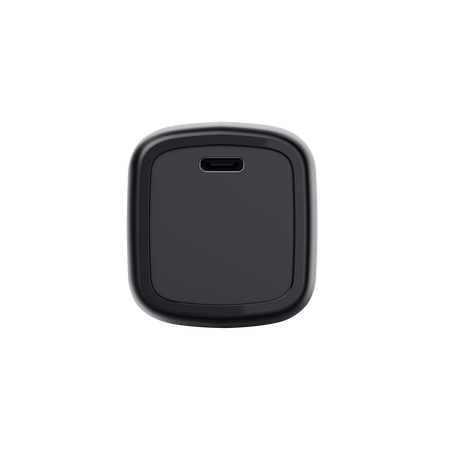 Egy kis, fekete, szögletes eszköz lekerekített kerettel. Felül van egy USB-C port. A háttér fekete.