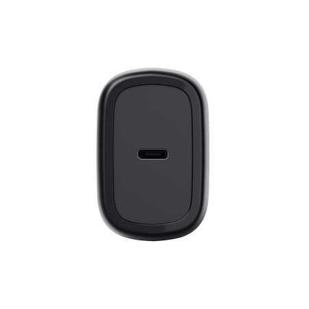 Egy sötétszürke téglalap alakú töltő, USB-C porttal, fekete háttéren.