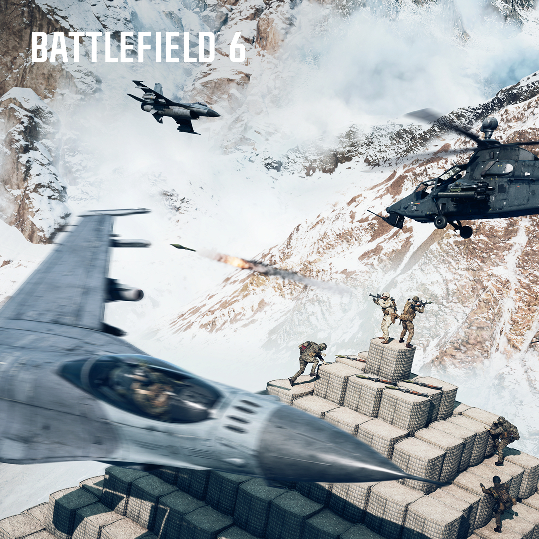 Militärszene mit Kampfflugzeugen, Hubschraubern, Soldaten auf einem schneebedeckten Berg. Explosionen und Action, Battlefield 6 Titel.