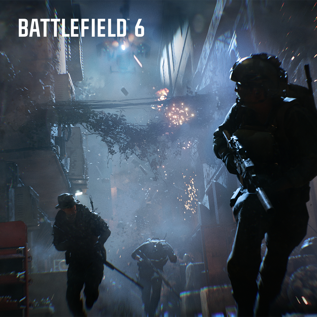Soldaten im Kampf, die durch eine kriegszerstörte Stadt rennen. Funken und Trümmer erfüllen die Luft, das Battlefield 6 Logo sichtbar.
