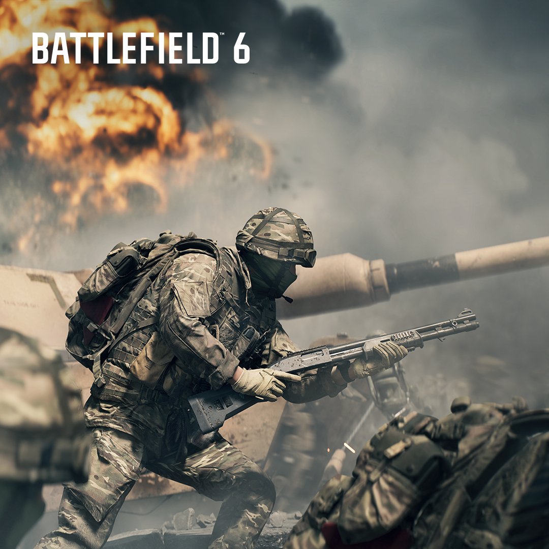 Soldat in Tarnung zielt mit einer Schrotflinte. Battlefield 6 Logo oben. Rauch und ein Panzer im Hintergrund. Kriegsschauplatz.