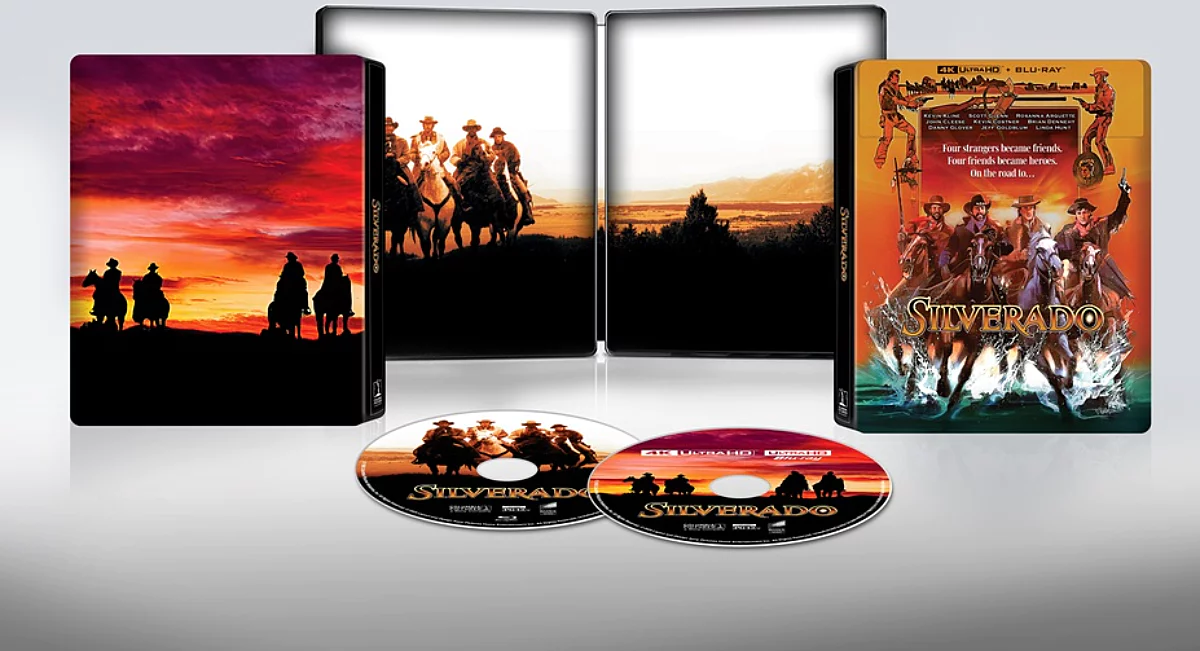DVD set of 'Silverado'. Silhouettes of cowboys on horses at sunset, a movie poster, and the discs are visible.