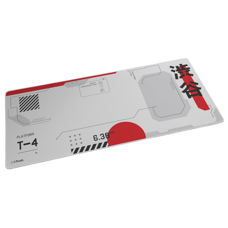 Egy téglalap alakú egérpad szürke és piros dizájnnal. Japán szöveget, egy piros kört és tech-ihlette grafikákat tartalmaz.
