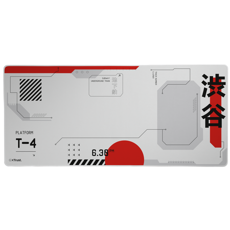 Egy téglalap alakú egérpad futurisztikus dizájnnal. Szürke háttér, piros elemek, japán szöveg és áramkört utánzó grafikai elemek.