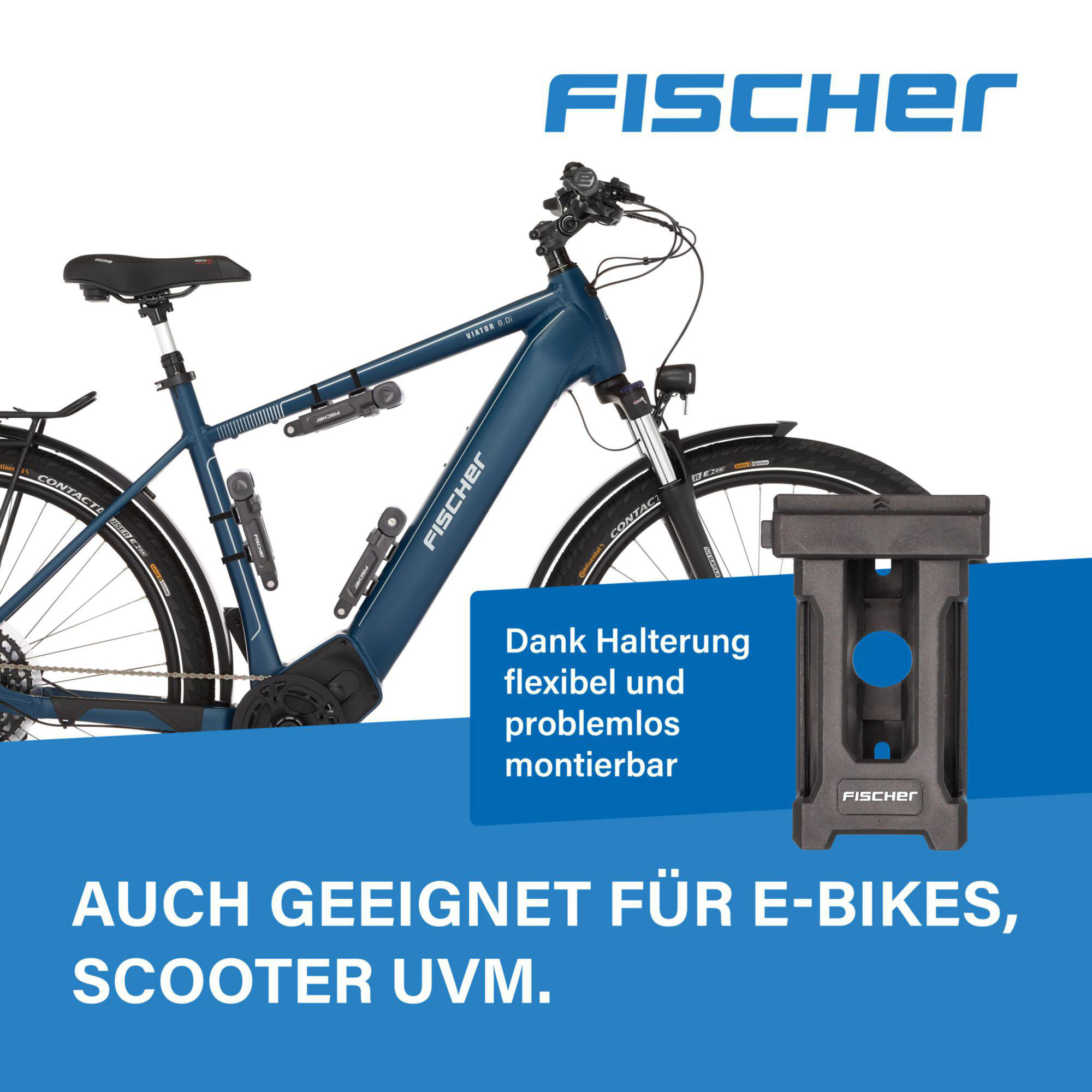Ein blaues E-Bike mit schwarzem Halter. Der Text lautet: auch für E-Bikes, Roller usw. geeignet.