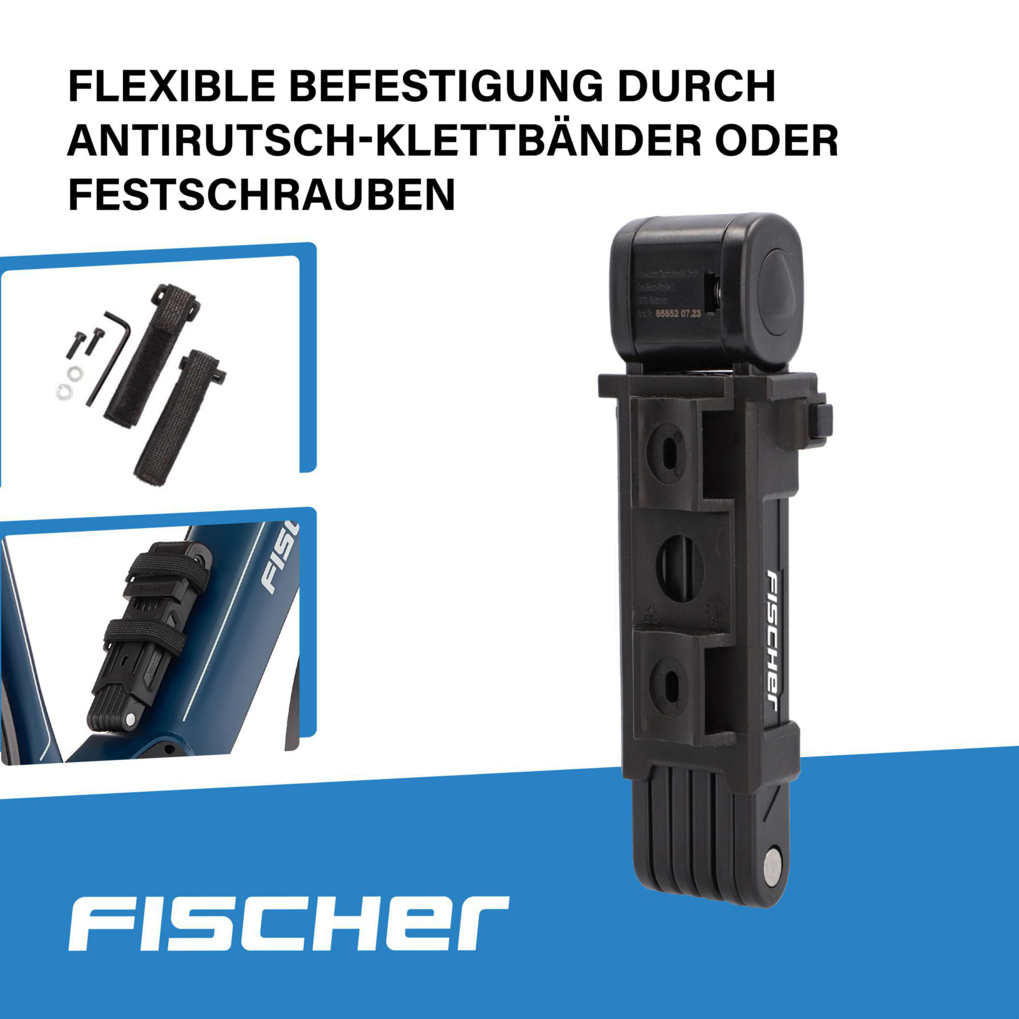 Das Bild zeigt ein Fahrradzubehör mit flexiblen Riemen und Schrauben, mit dem Text: 'Flexible Befestigung durch Anti-Rutsch-Klettbänder oder Schrauben'.