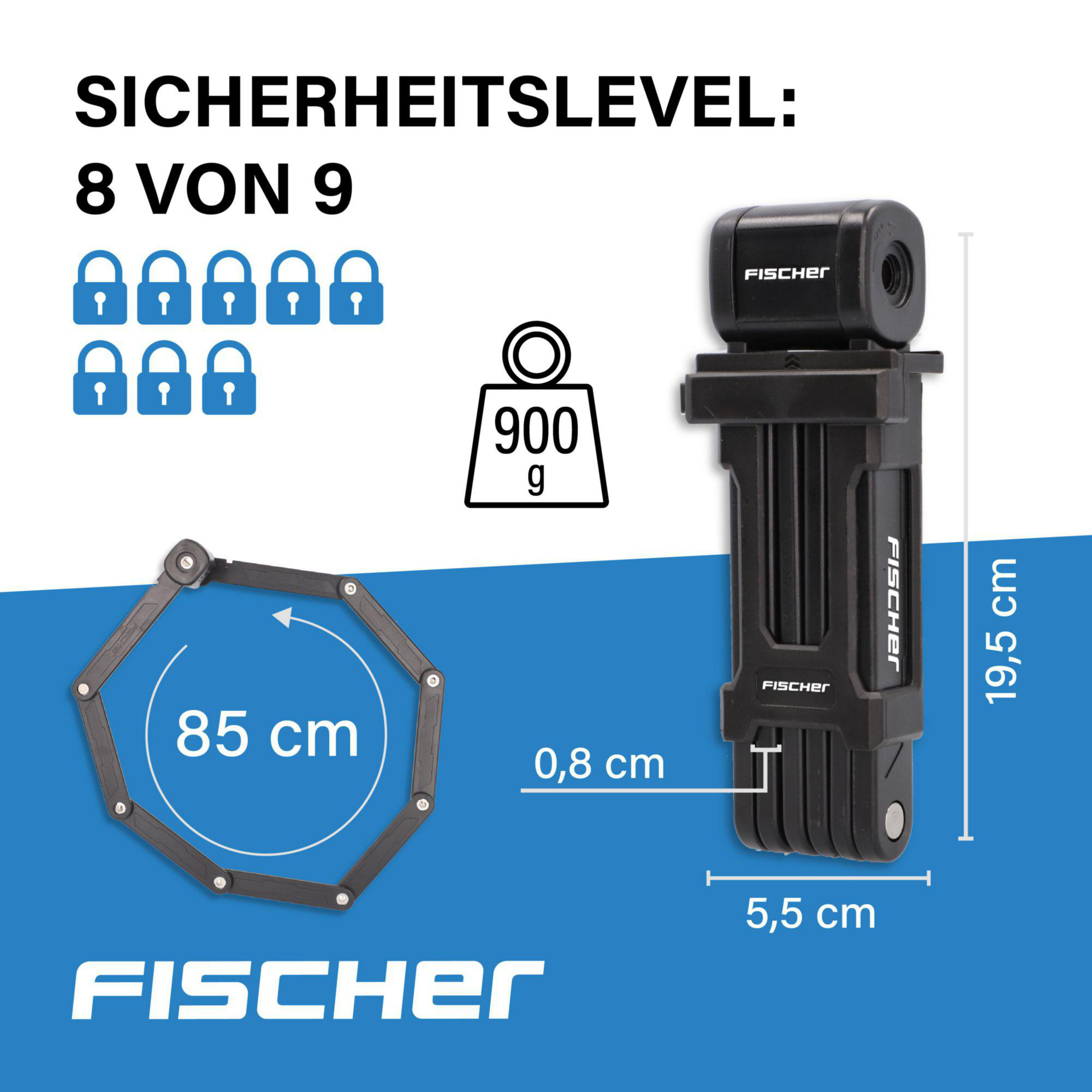 Das Bild zeigt ein FISCHER-Fahrradschloss mit Details: Sicherheitsstufe, Gewicht und Abmessungen. Enthält einen blauen Hintergrund.