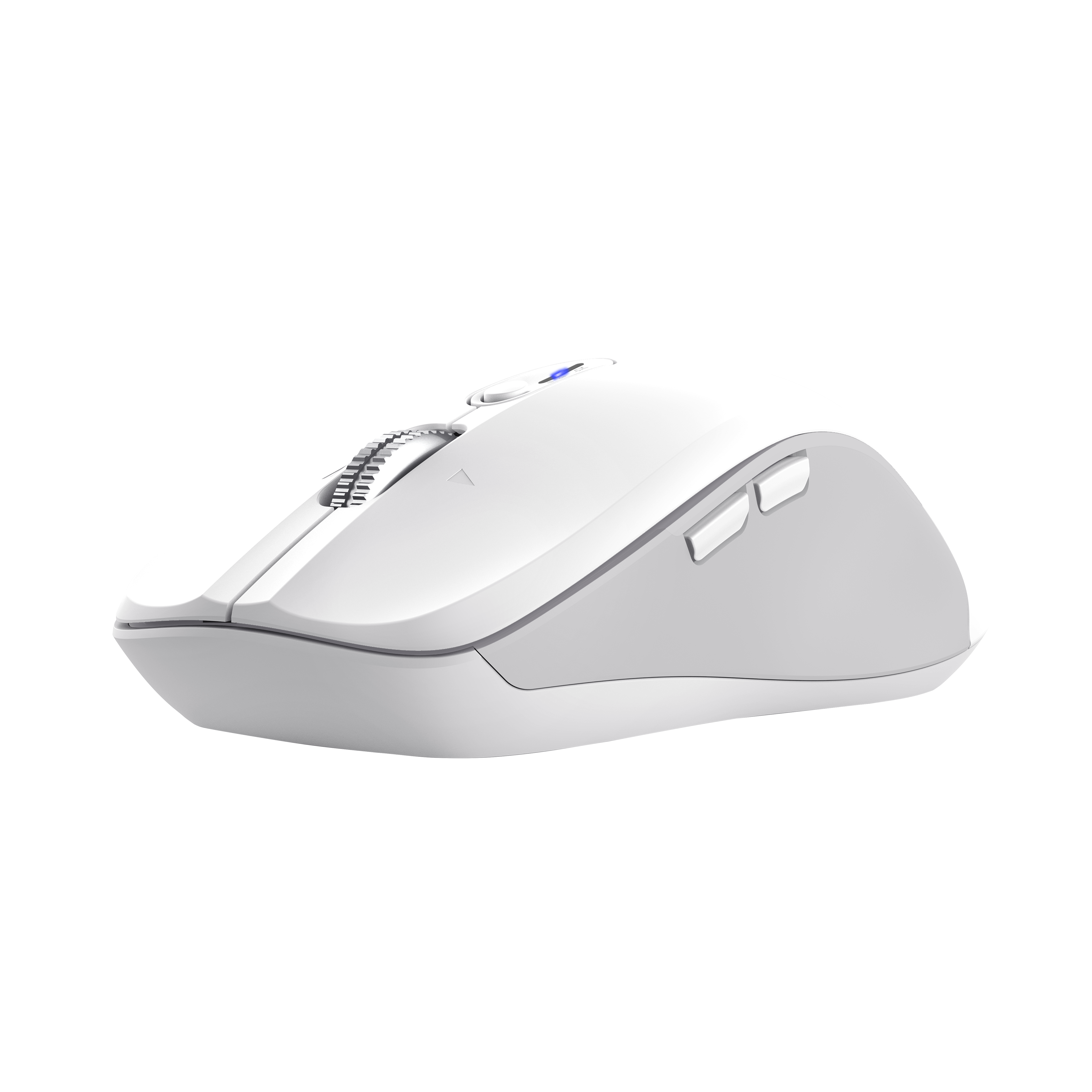 Fehér számítógépes egér fekete háttérrel. Görgetőkerékkel, gombokkal és karcsú, ergonomikus kialakítással.