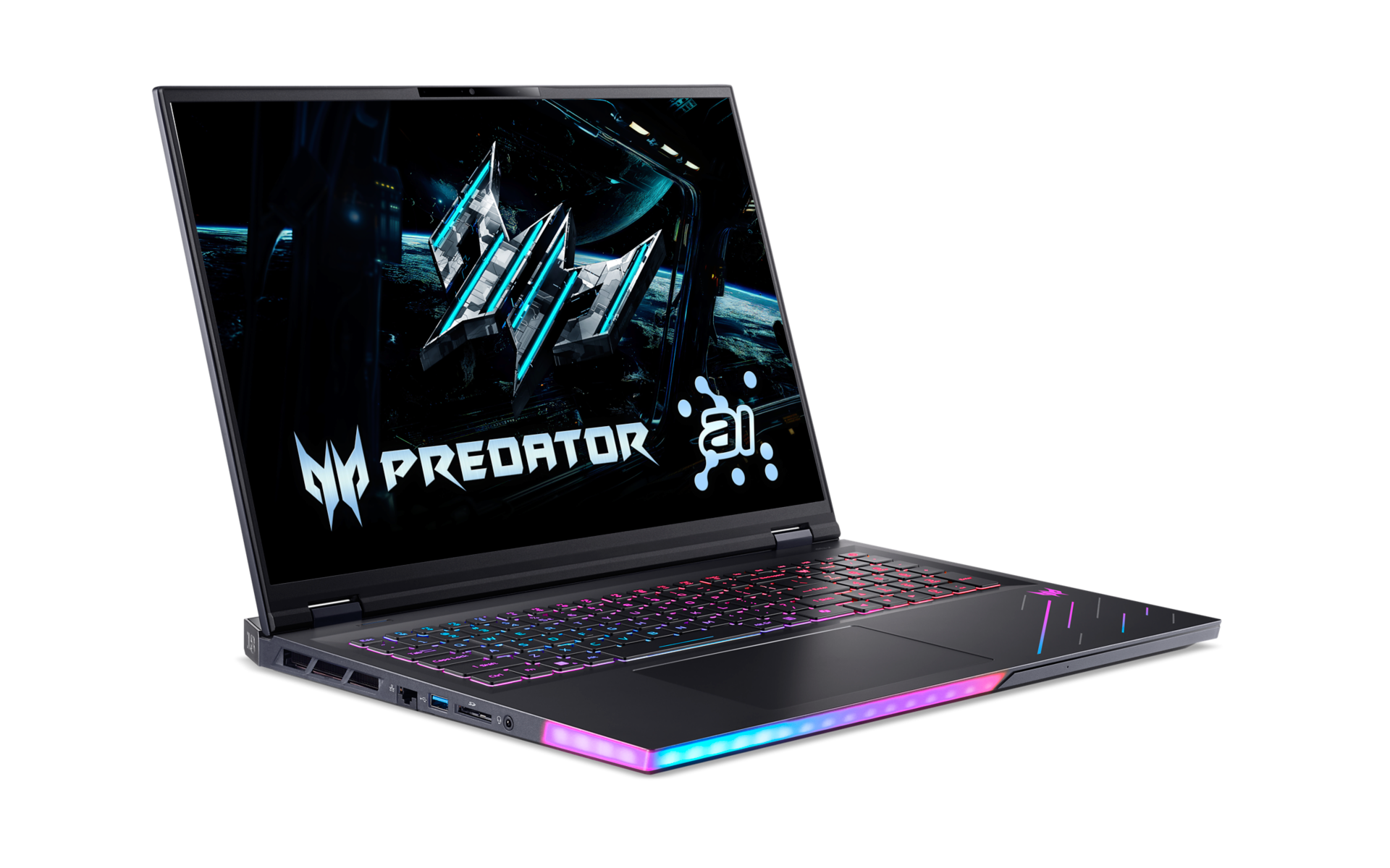 Ein schwarzer Predator-Laptop ist geöffnet. Der Bildschirm zeigt ein Logo und bunte Lichter um Tastatur und Basis.