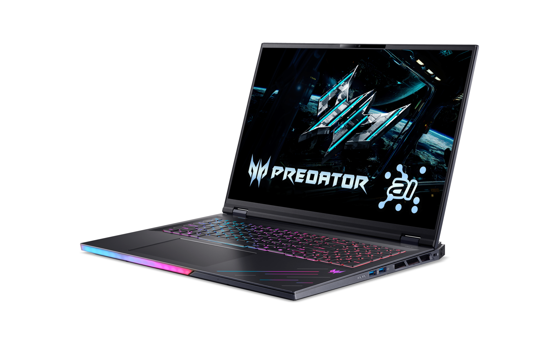 Schwarzer Predator-Laptop auf weißem Hintergrund. Der Bildschirm zeigt das Markenlogo mit blauen Akzenten. Tastatur mit bunten Lichtern.