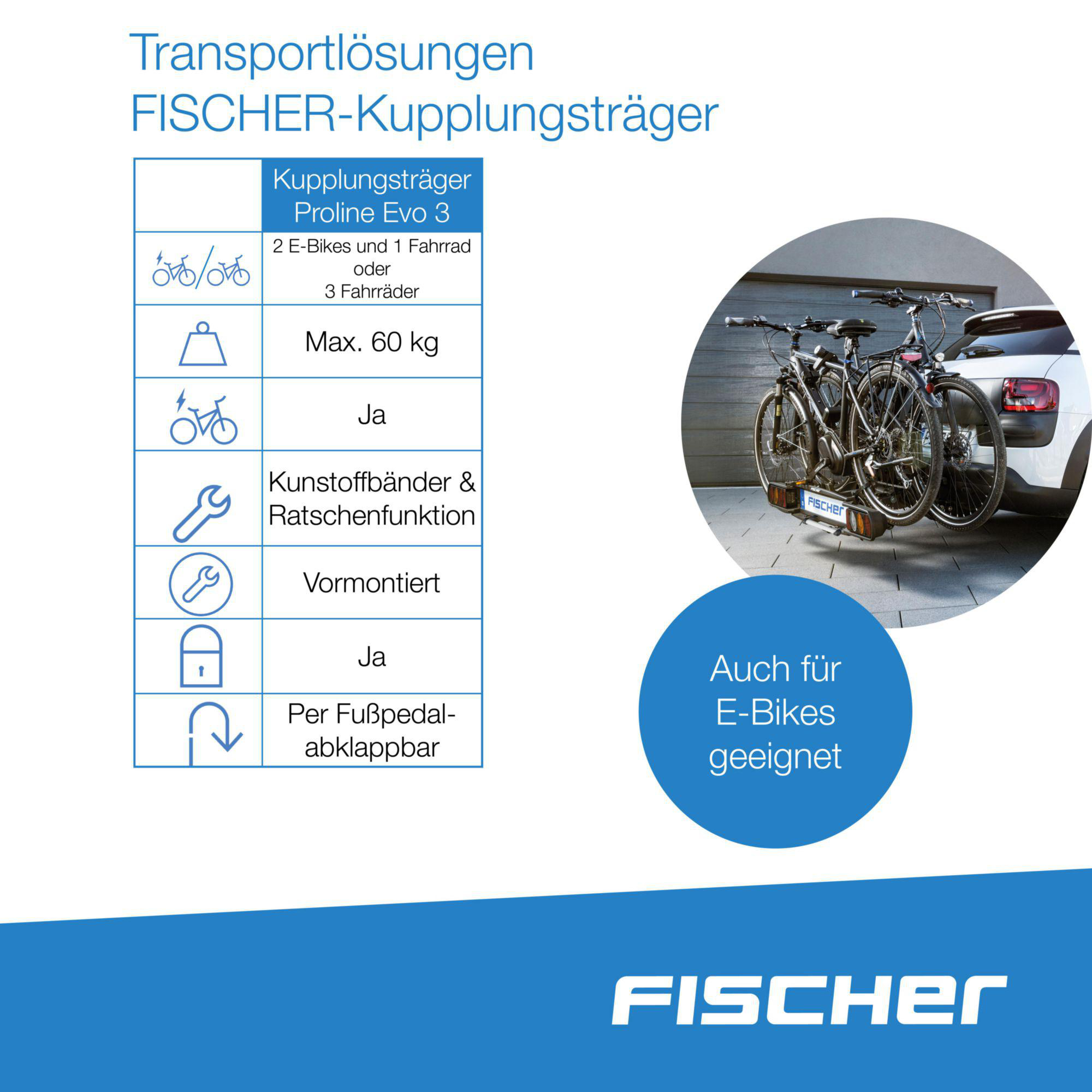 Das Bild zeigt ein Auto mit Fahrrädern auf einem Träger, einen blauen Kreis mit Text und das FISCHER-Logo.