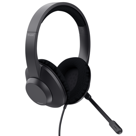 Egy fekete Trust headset mikrofonnal. A headset párnázott fülpárnákkal és fejpánttal rendelkezik. A mikrofon egy rugalmas karon van.