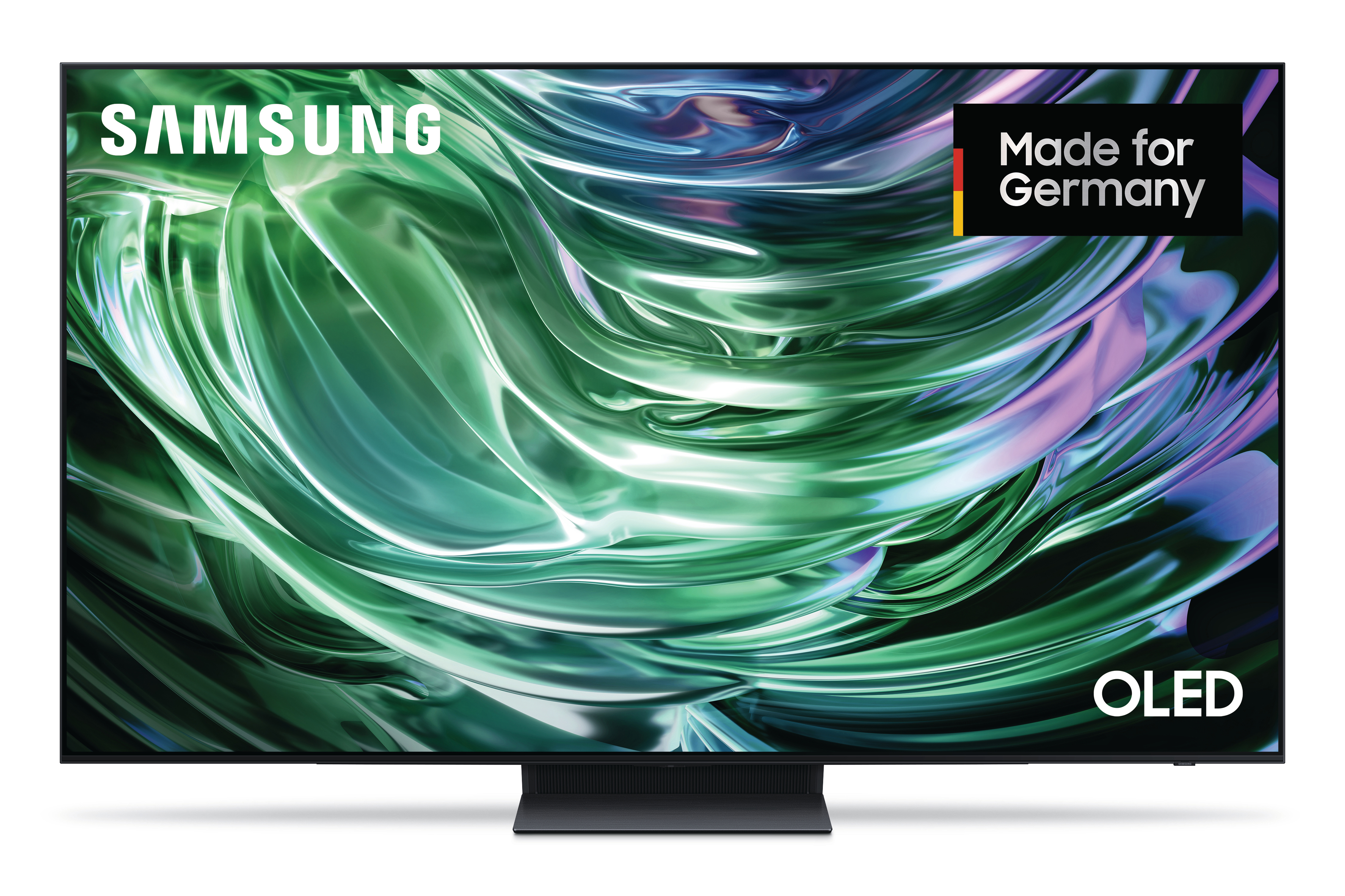 Samsung OLED-Fernseher mit grün-blauem, abstraktem Hintergrund. Er hat einen schwarzen Rahmen und Sockel, mit 'Made for Germany'.