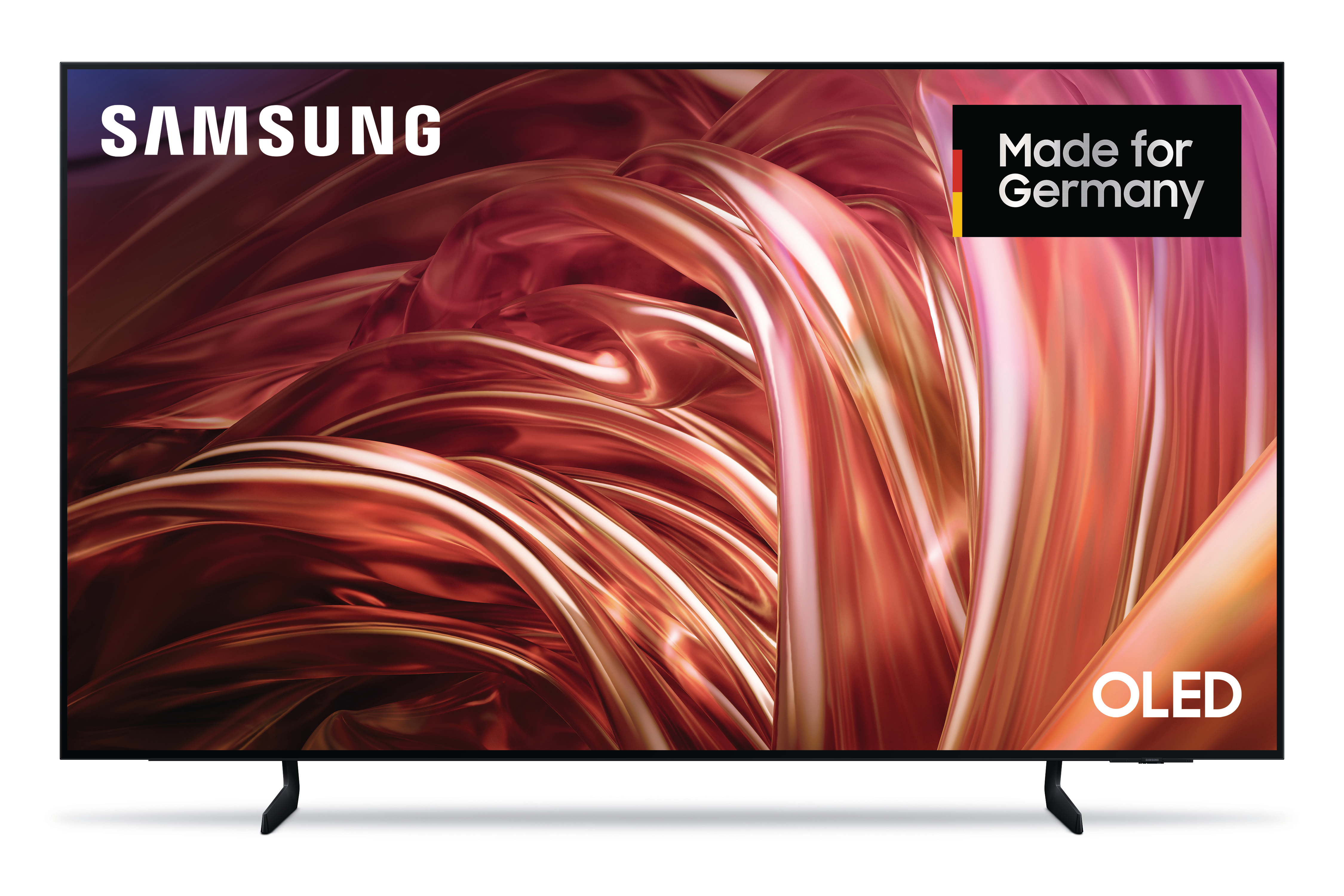 Samsung OLED-TV. Der Bildschirm zeigt einen abstrakten Wirbel von Farben. Der Fernseher hat einen schwarzen Rahmen und Ständer.