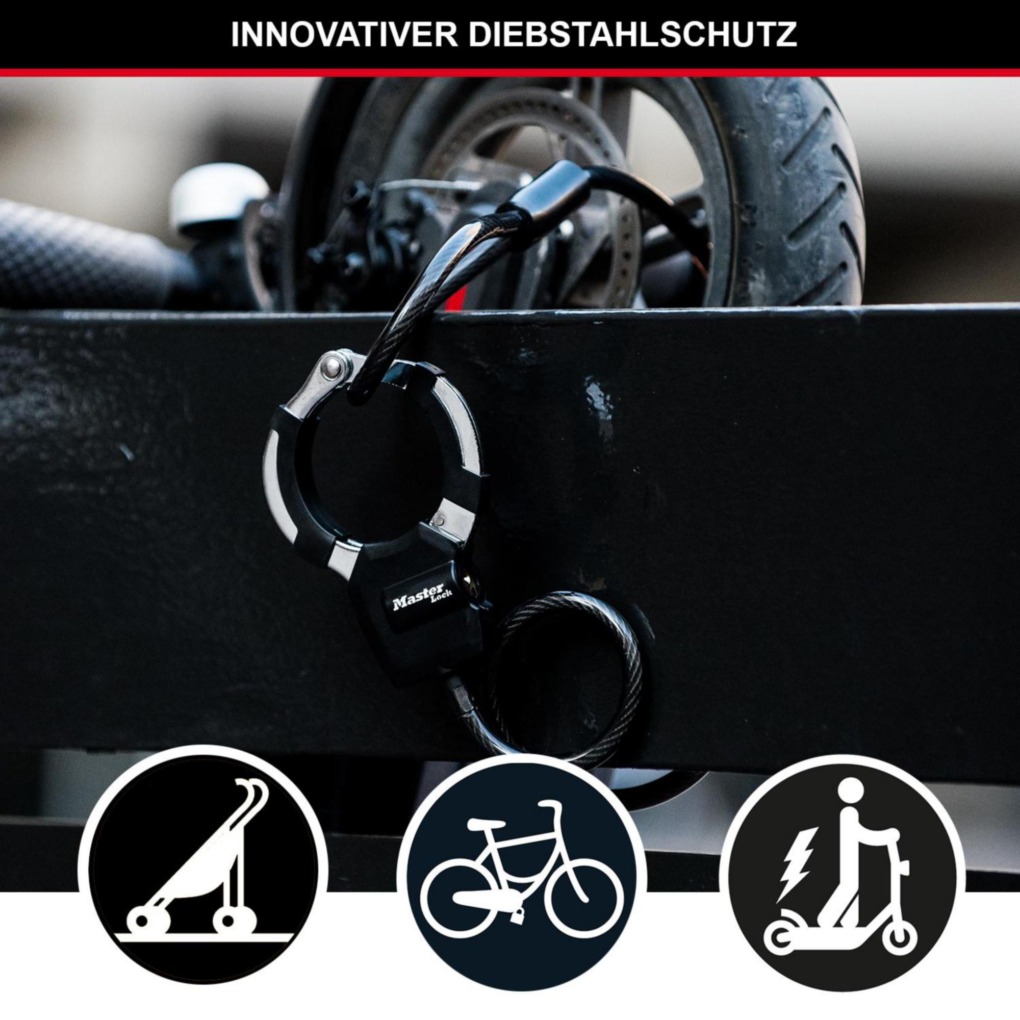 Ein schwarzes Master Lock-Fahrradschloss sichert einen Roller. Symbole für Kinderwagen, Fahrrad und E-Scooter sind unten. Text: INNOVATIVER DIEBSTAHLSCHUTZ.