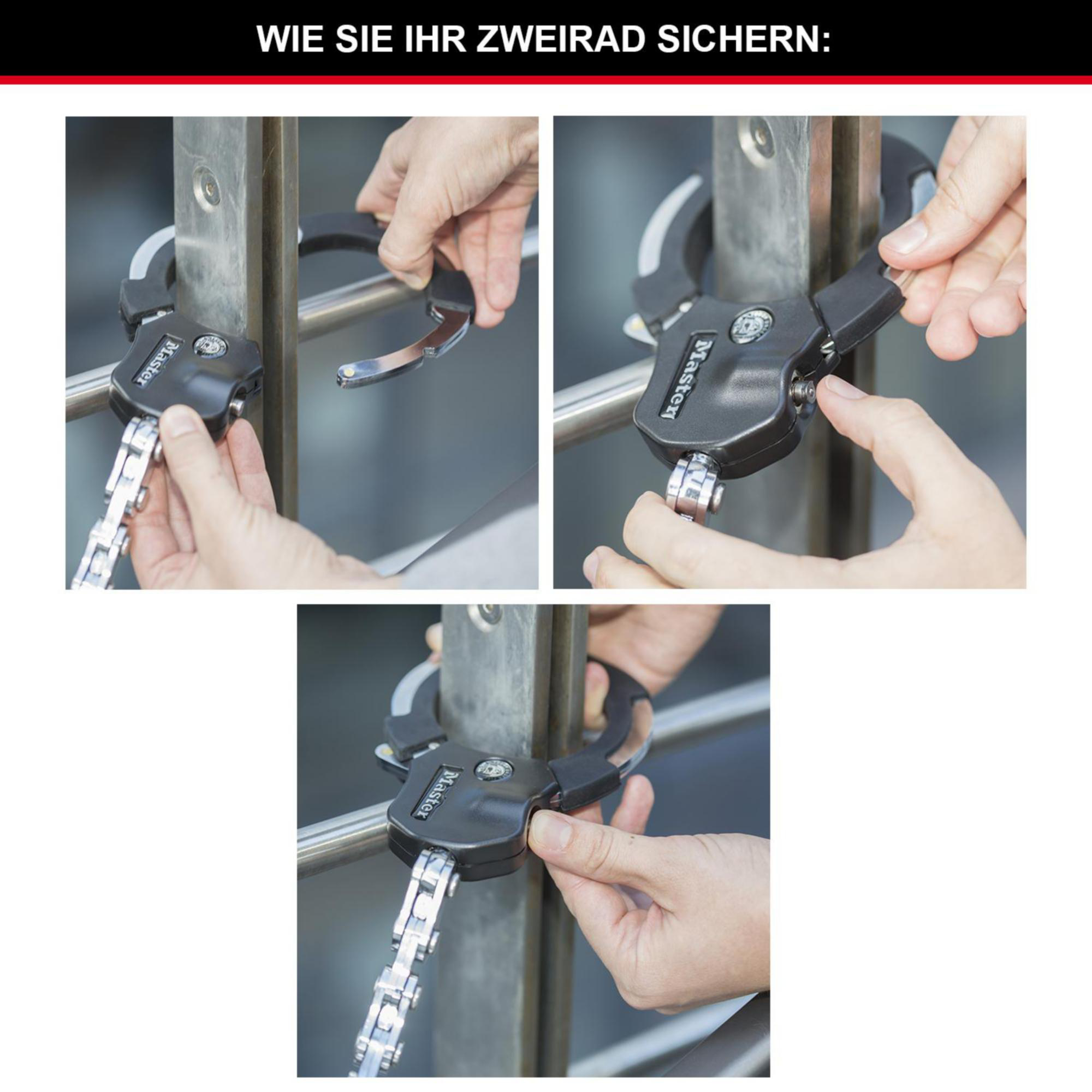 Hände verwenden ein Fahrradschloss, um eine Metallstange zu sichern. Das Schloss ist schwarz und silber. Die Schritte zum Abschließen des Fahrrads werden gezeigt.