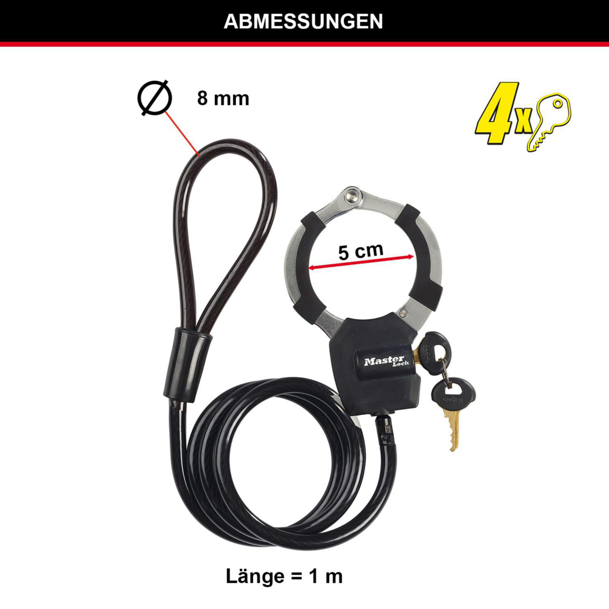Ein schwarzes Kabelschloss mit einem Bügelschloss, Schlüsseln und beschrifteten Abmessungen. Das Schloss ist mit Master Lock beschriftet.