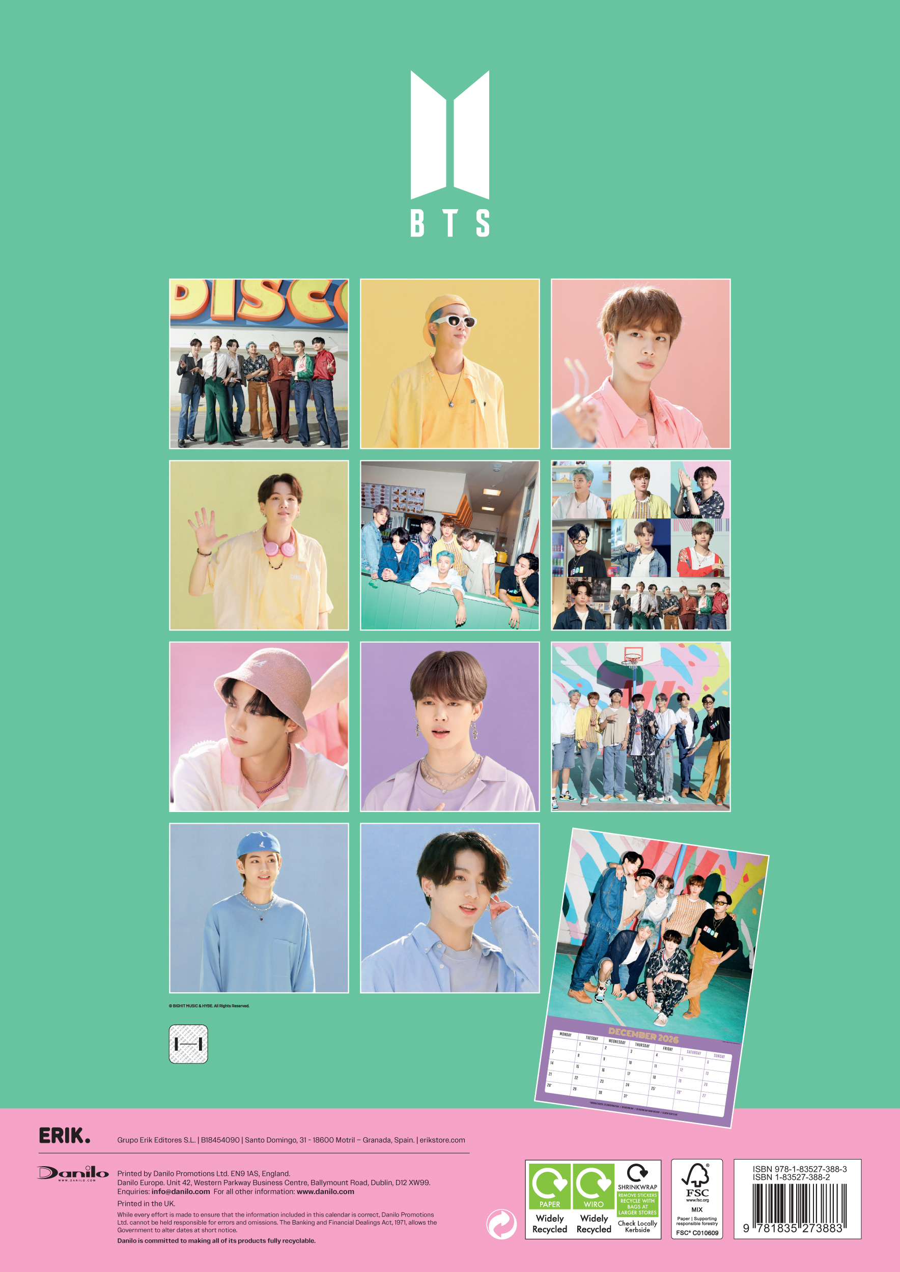 BTS naptár a zenekar tagjainak fotóival. A BTS logója felül látható.