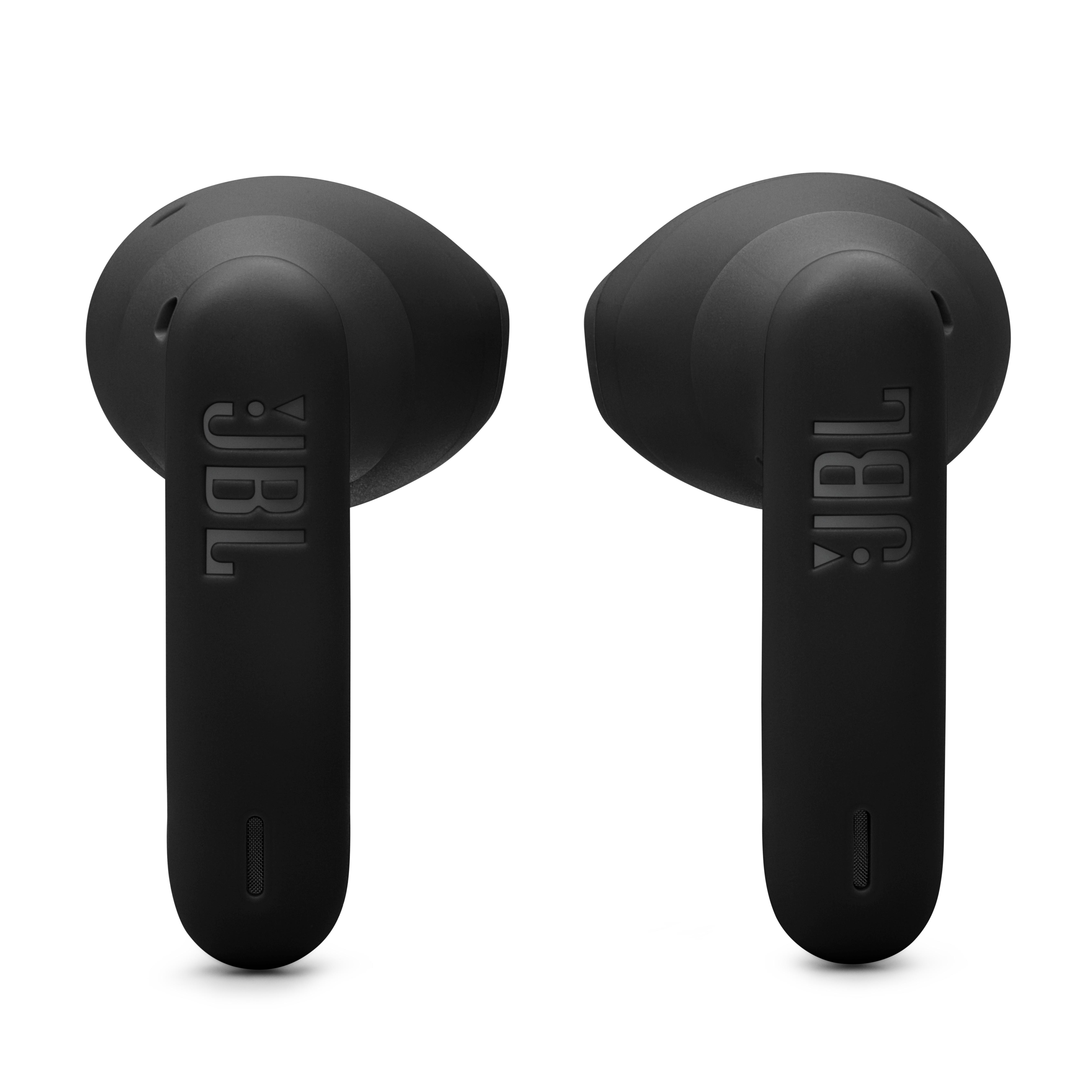 Zwei schwarze JBL-Ohrhörer auf weißem Hintergrund. Jeder hat einen Stiel mit dem JBL-Logo.