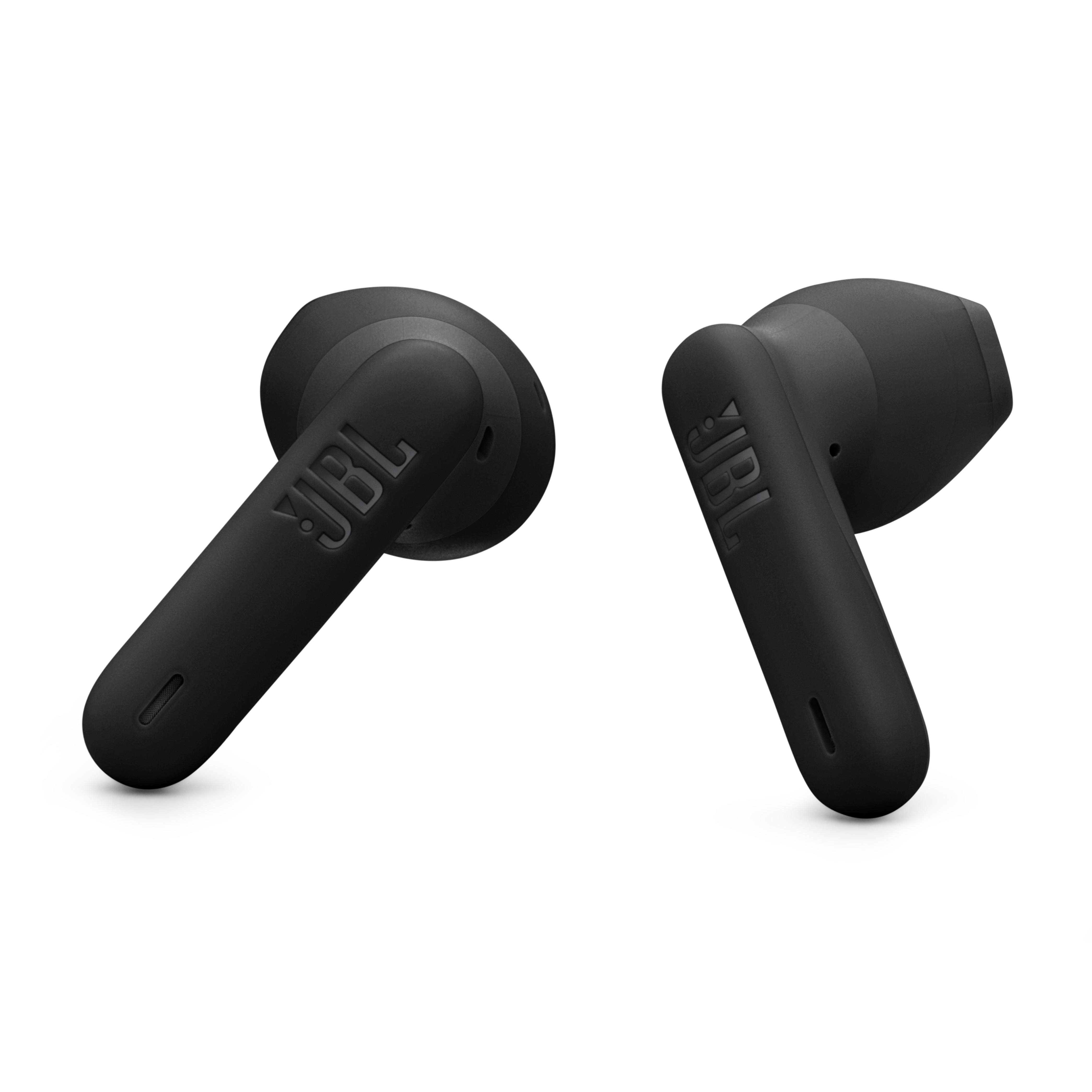 Zwei schwarze JBL-Ohrhörer auf weißem Hintergrund. Jeder Ohrhörer hat das JBL-Logo.