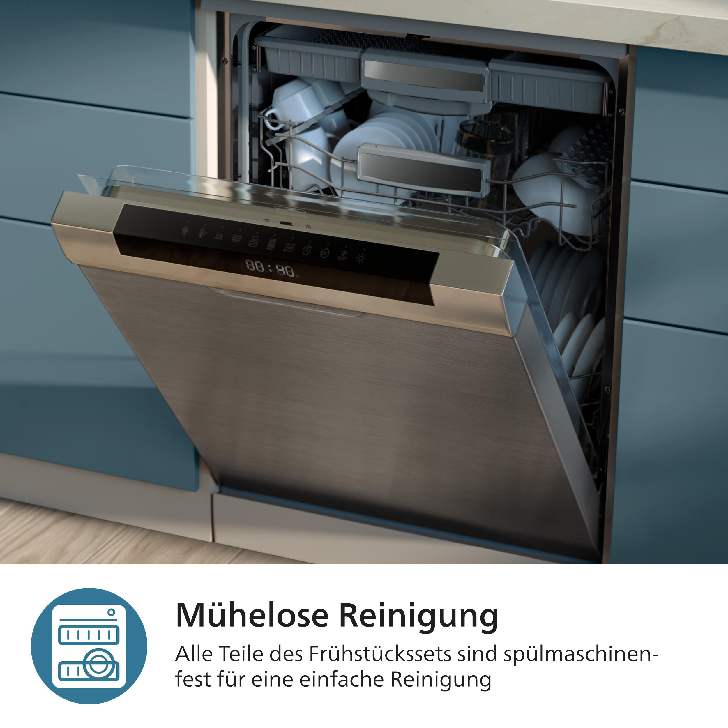 Geschirrspüler mit geöffneter Tür, gefüllt mit Geschirr und Besteck. Blauer Schrank im Hintergrund. Die Anzeige zeigt 88:88.