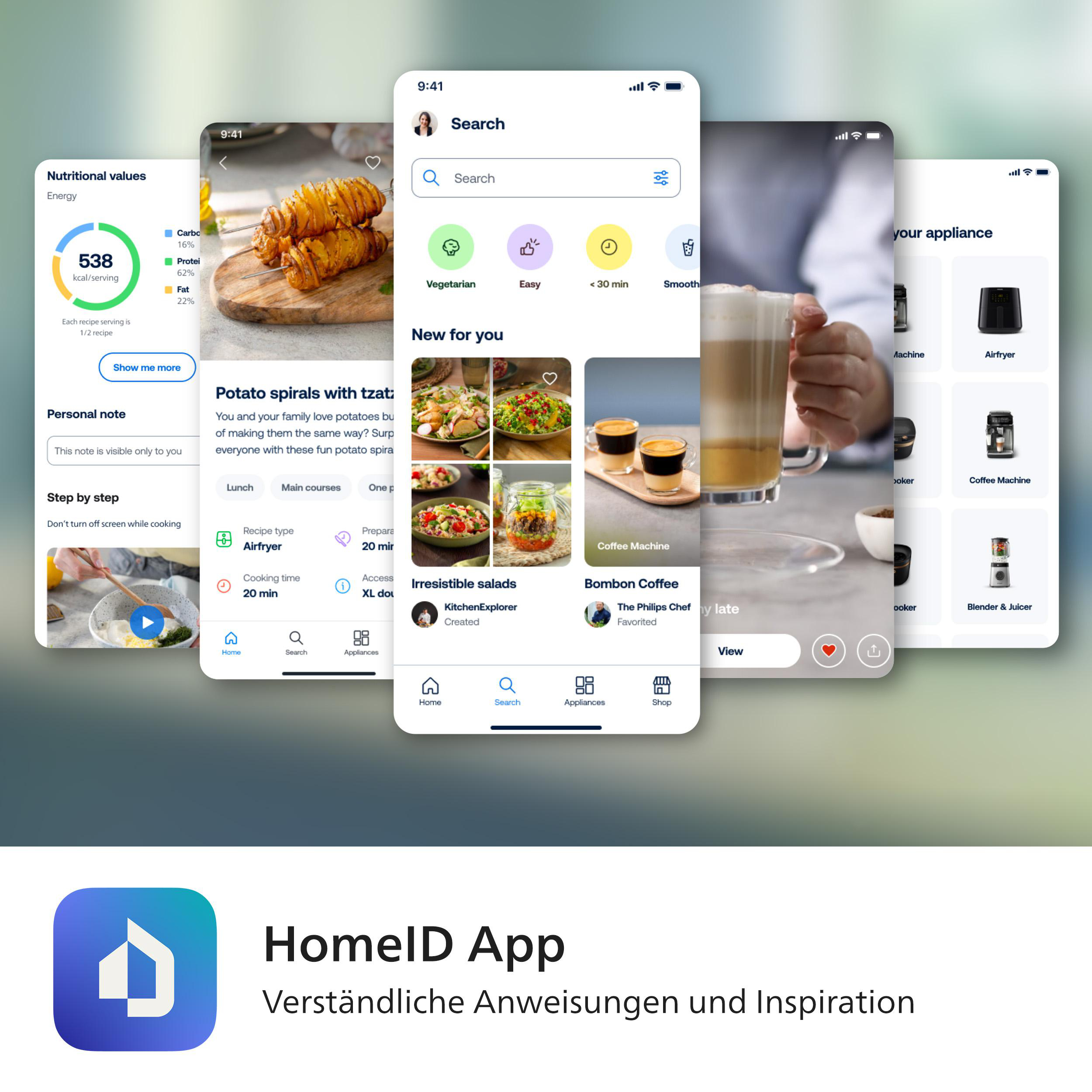 Screenshots einer Koch-App mit Rezepten und Nährwertangaben. Auch ein Logo der HomeID App ist sichtbar.