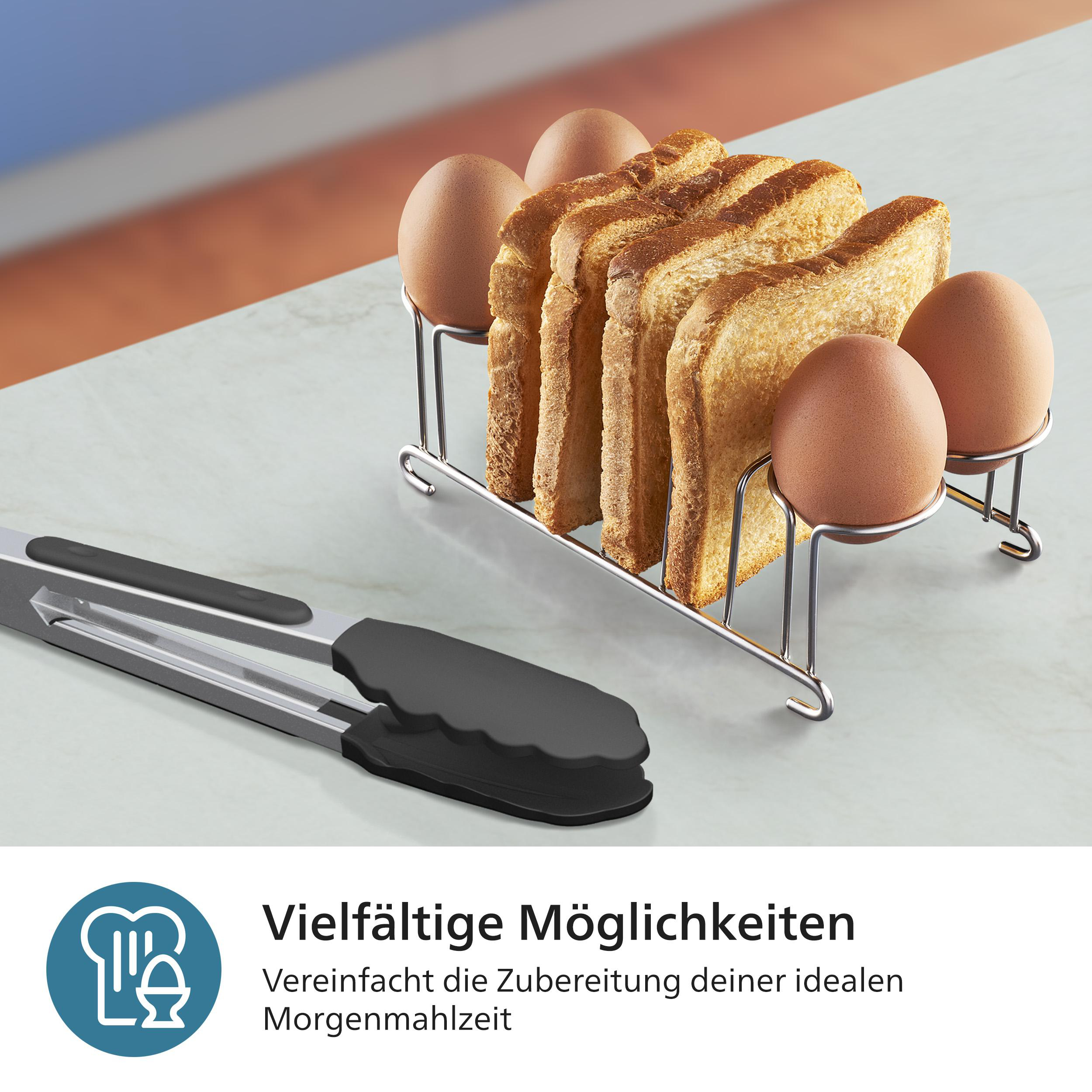 Ein Chromhalter mit Toast und Eiern. Schwarze Zangen im Vordergrund. Weiße Oberfläche mit Text unten.