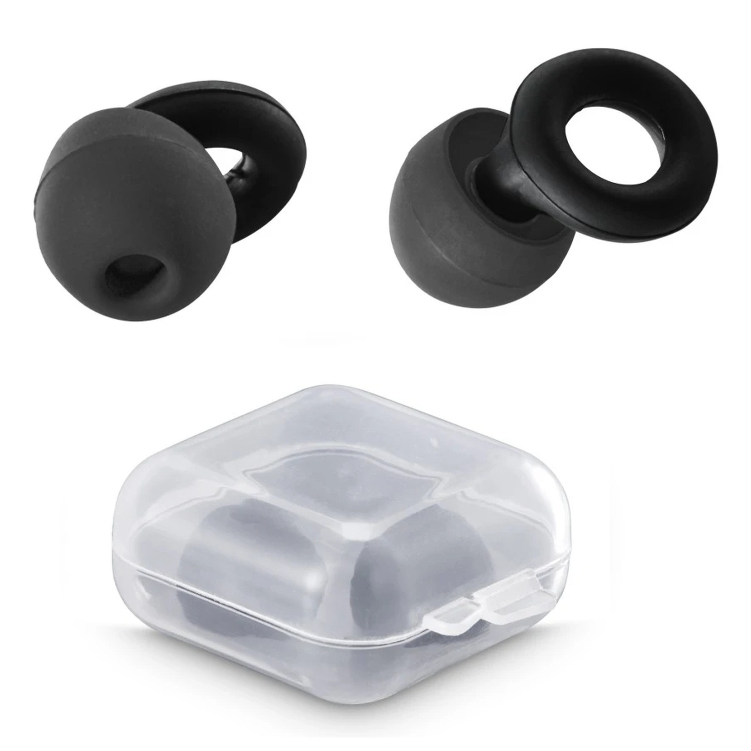 Three black earplugs: two are displayed individually, and the third is inside a clear plastic case with a white background.