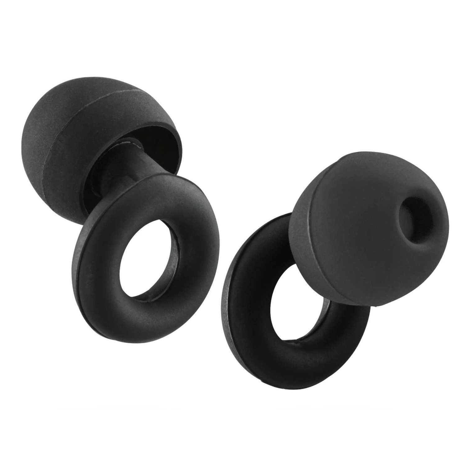 Two black earphone tips on a white background. One is connected to a larger piece, the other is separate.