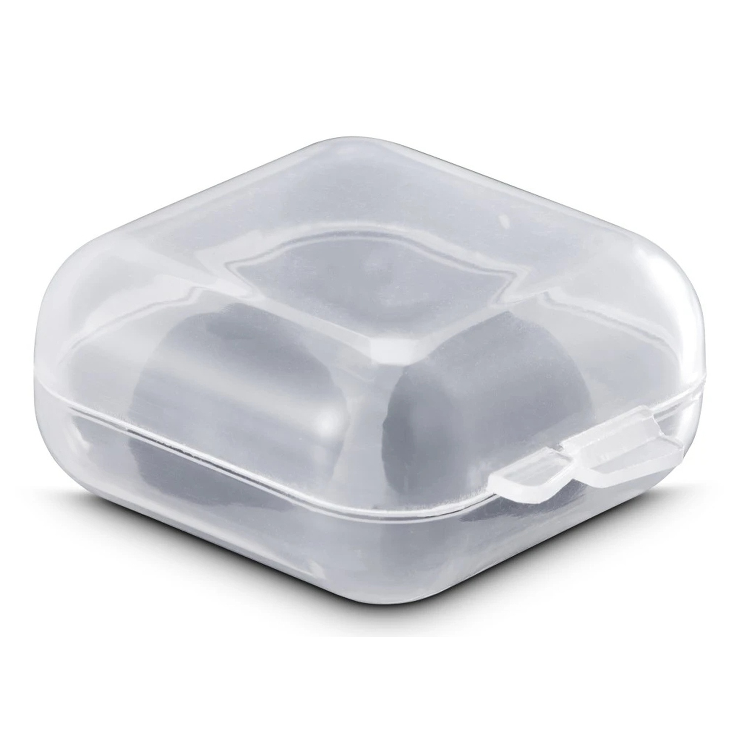 A transparent, square plastic container with a lid, closed. Inside, two gray objects are visible. The background is white.