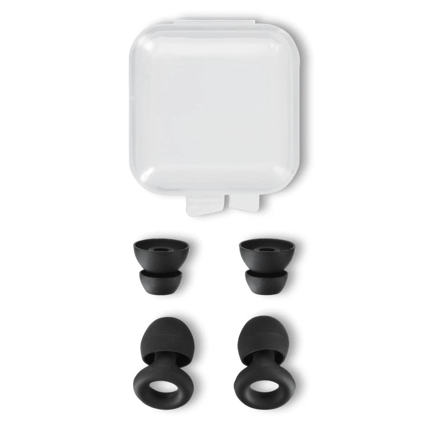 An overhead shot shows a white case, two pairs of black earbud tips. The tips are various sizes and shapes, on a white background.