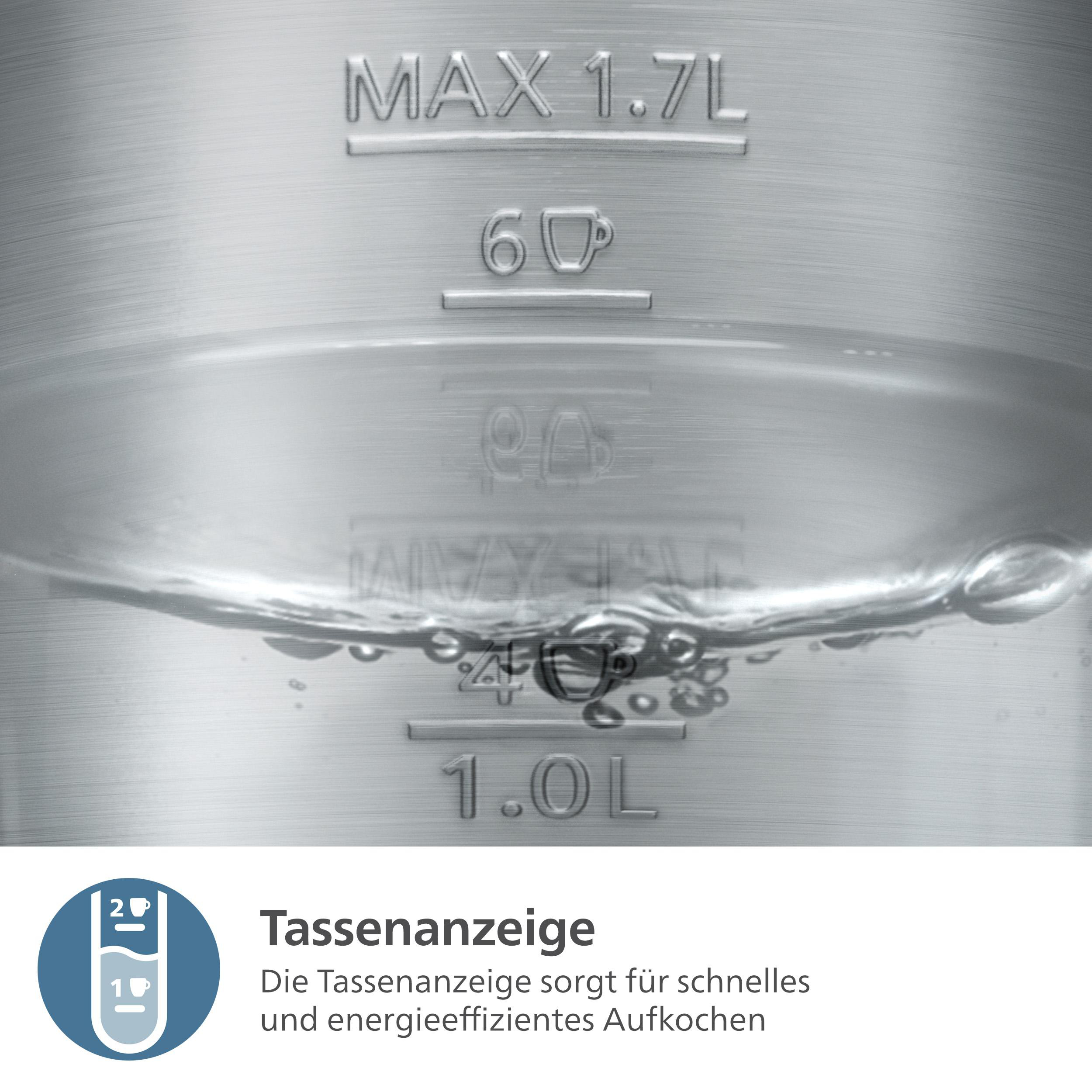 Nahaufnahme eines Wasserkochers mit kochendem Wasser. Messungen werden angezeigt. Der Wasserstand liegt bei 4 Tassen.