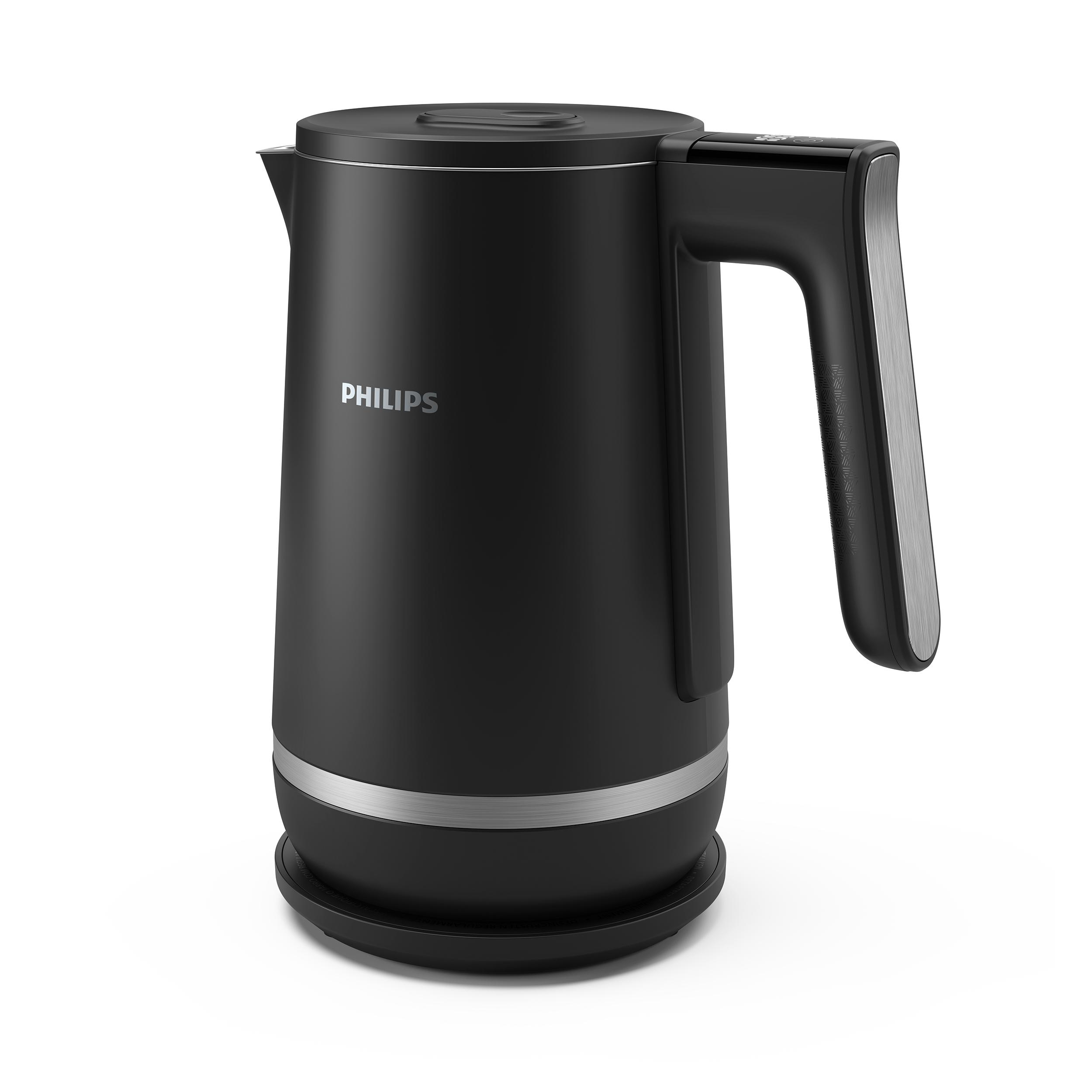 Ein schwarzer Philips-Wasserkocher auf weißem Grund. Er hat einen Griff und einen silbernen Sockel.