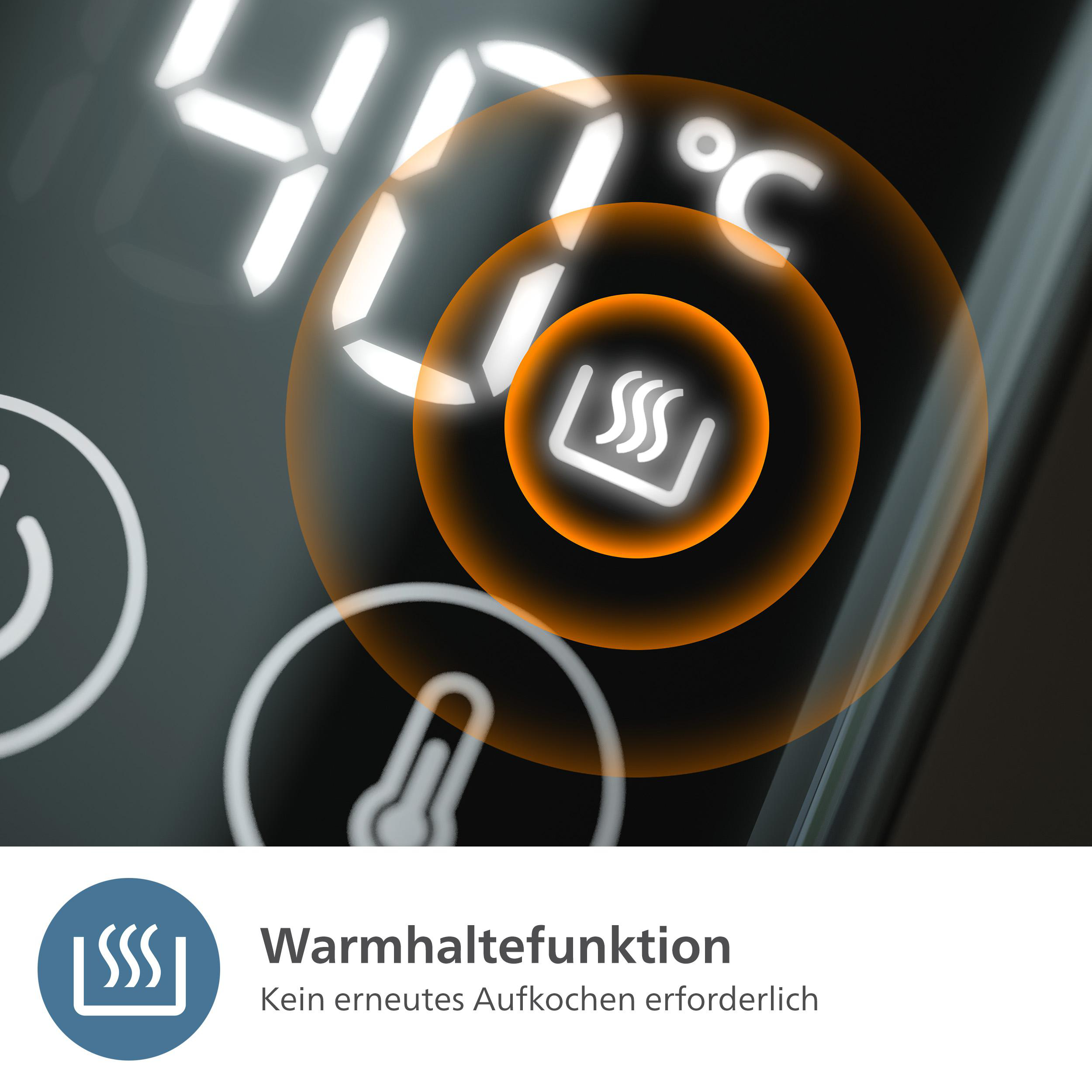 Nahaufnahme eines Digitaldisplays mit der Zahl 40°C. Ein orangefarbener Kreis hebt ein Dampfsymbol hervor. Darunter ein blaues Symbol.
