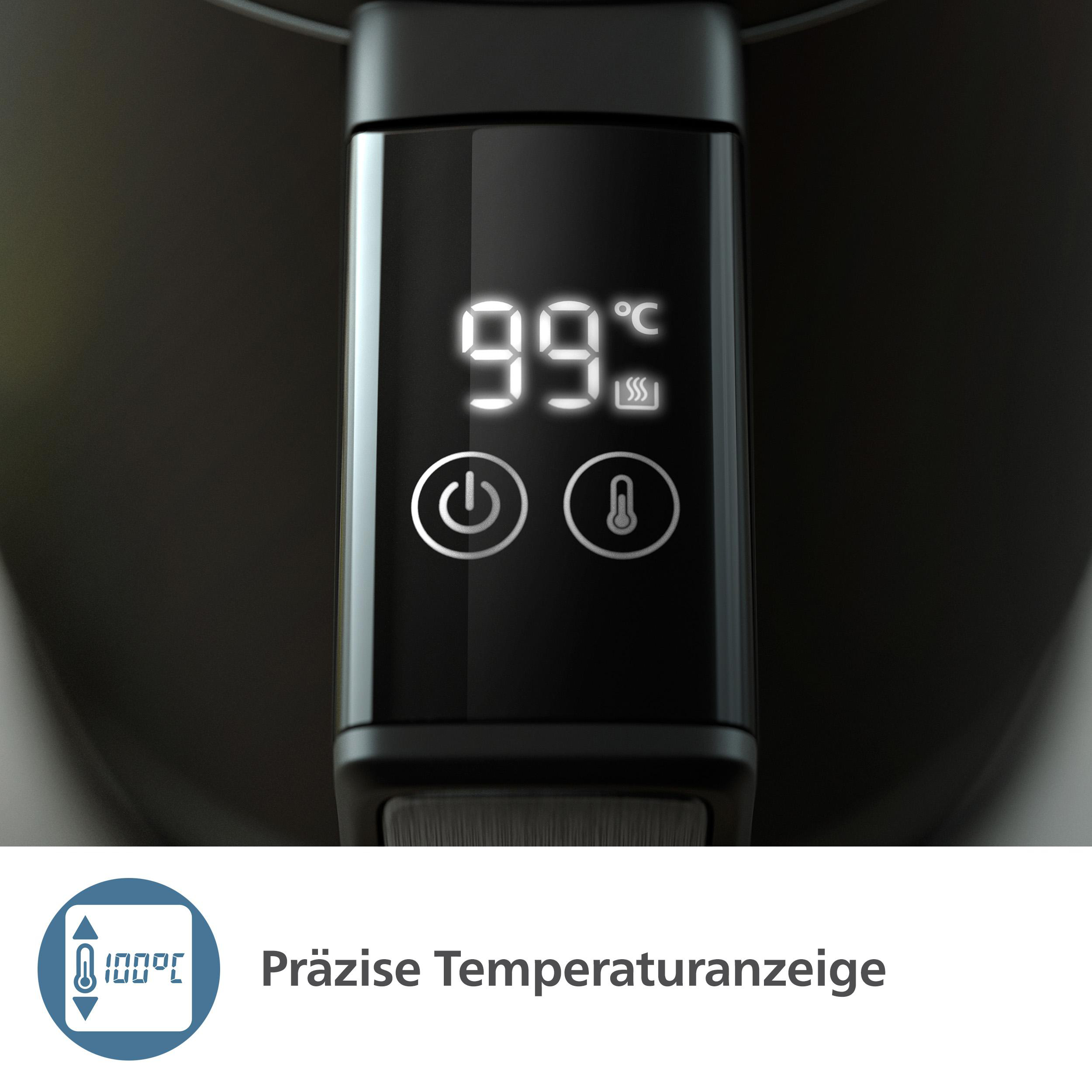 Nahaufnahme eines schwarzen Digitaldisplays mit 99 Grad Celsius, Strom- und Temperatursymbole sind sichtbar.
