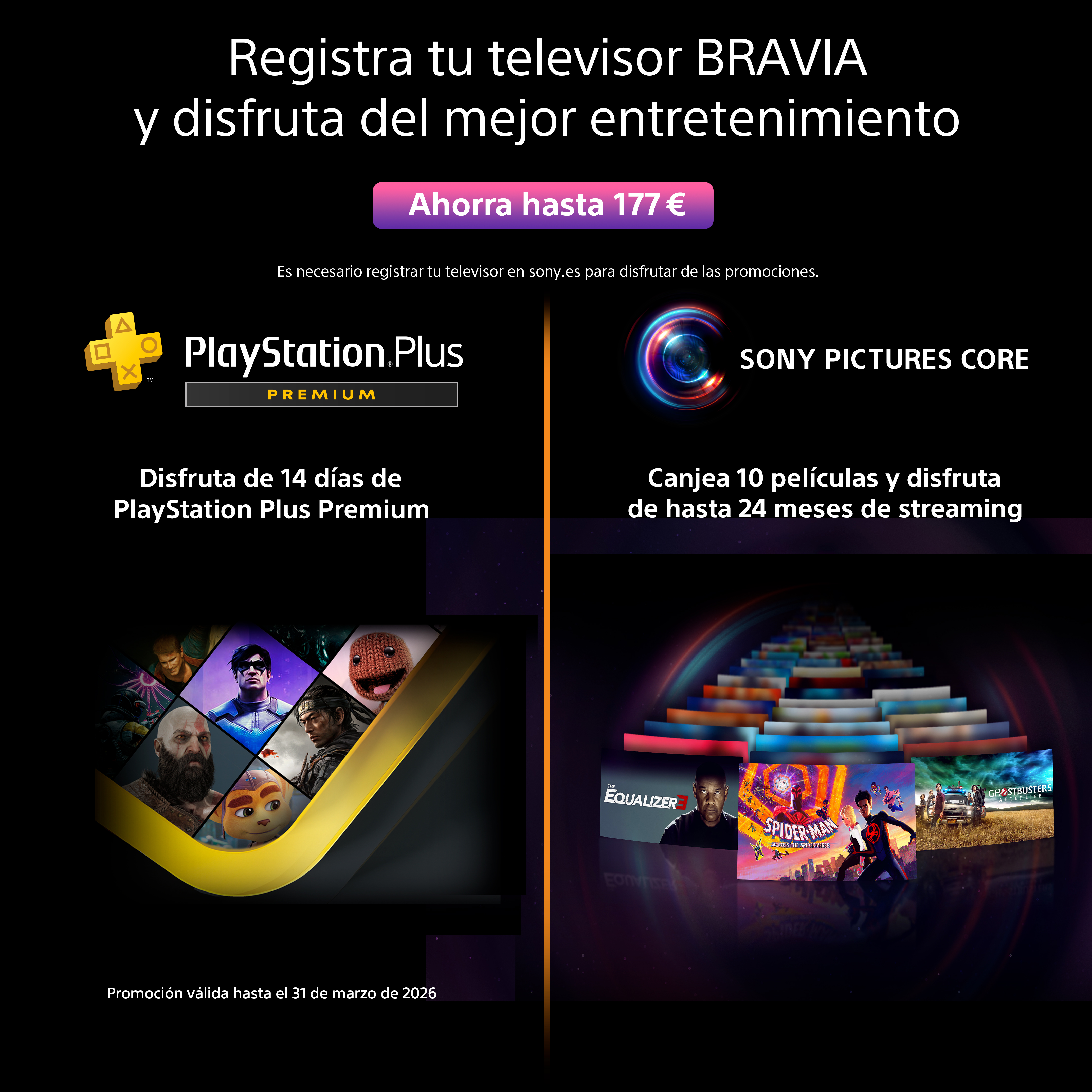 Imagen promocional con ofertas de PlayStation Plus y Sony Pictures Core. Incluye carteles de películas y un descuento de hasta 177€.
