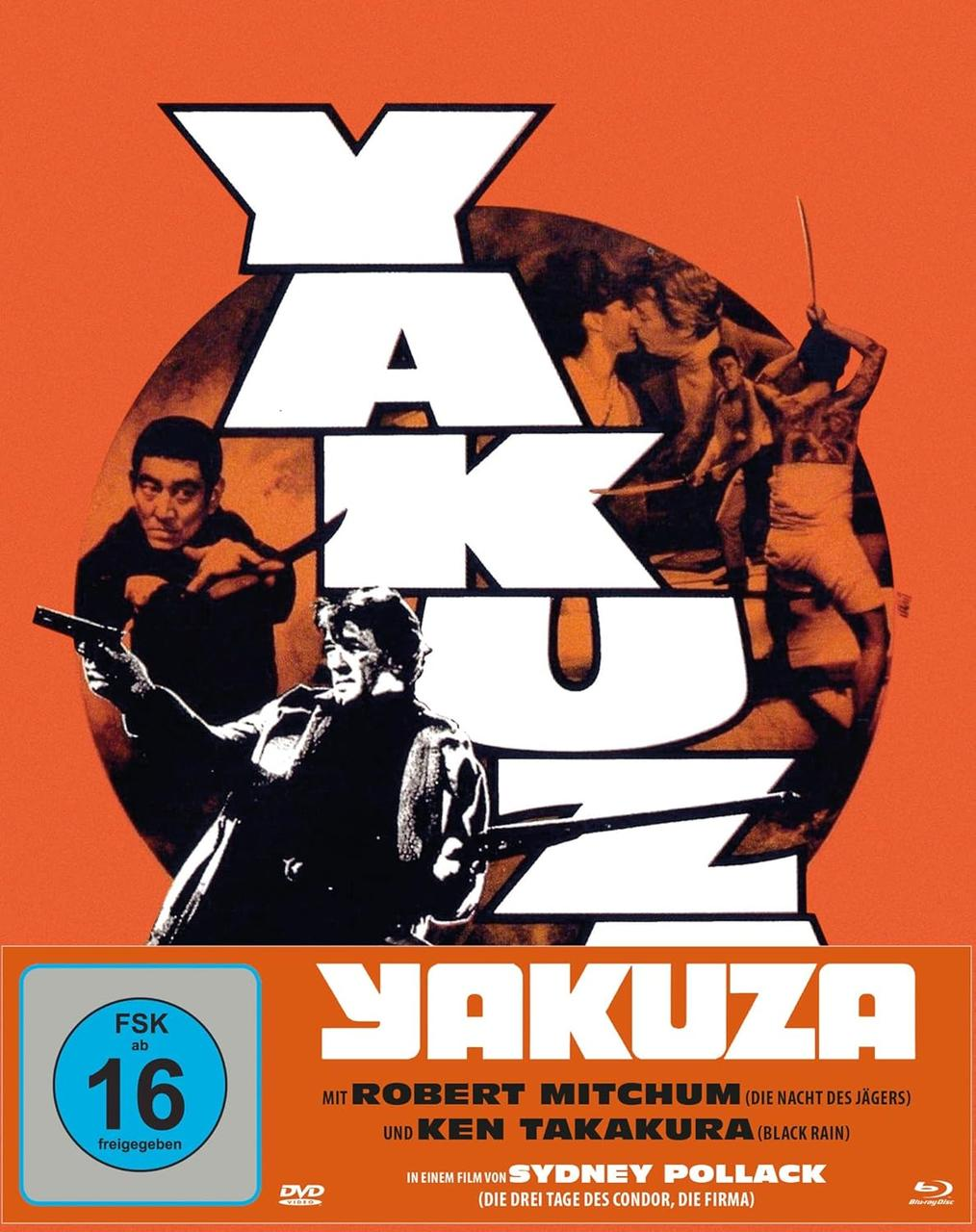 Filmposter für Yakuza. Enthält Schauspieler mit Waffen, einen orangefarbenen Hintergrund und den Filmtitel in großen weißen Buchstaben.