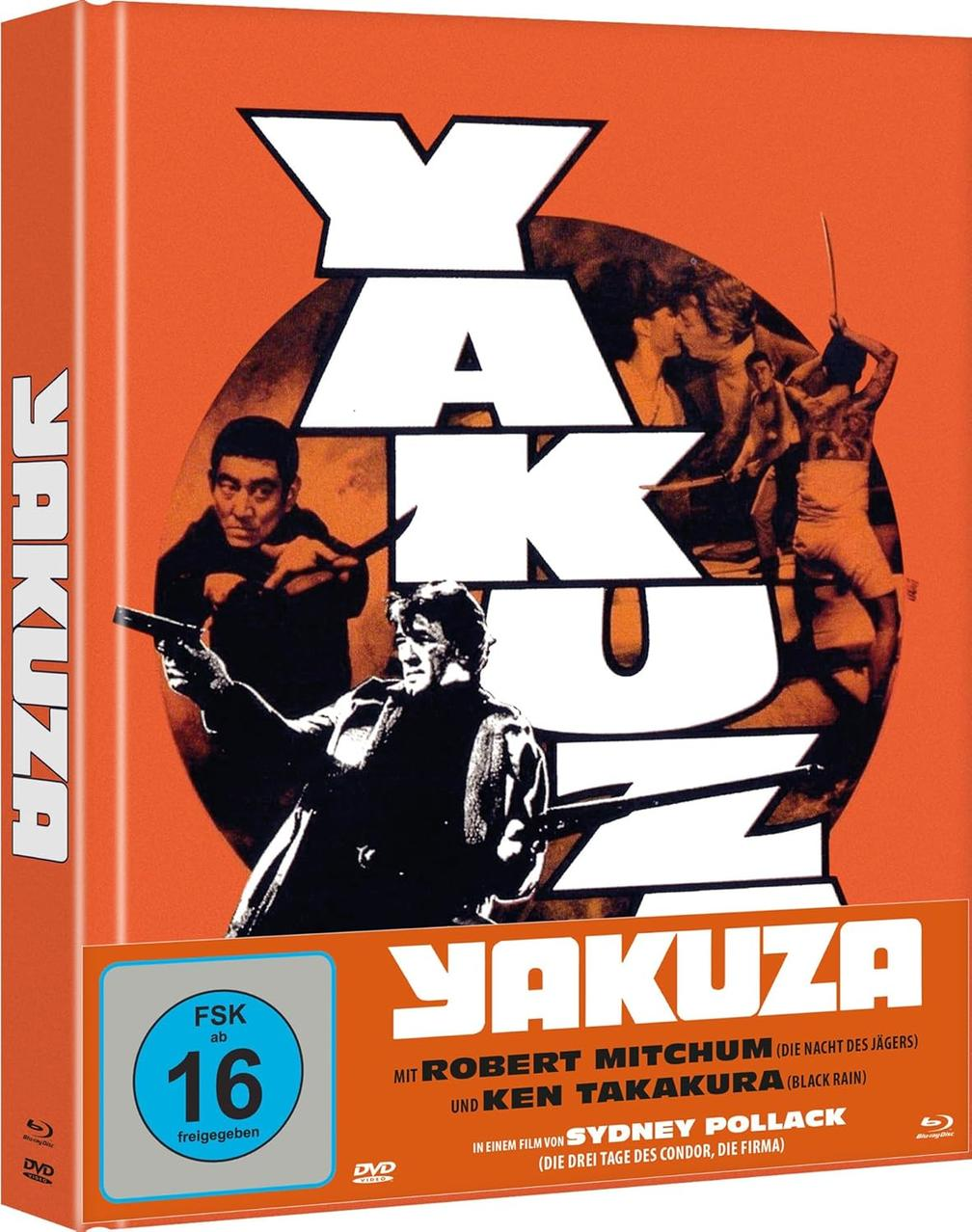 Filmcover von Yakuza. Schauspieler mit Waffen, Titel in Weiß, Altersfreigabe. Orangener Hintergrund.
