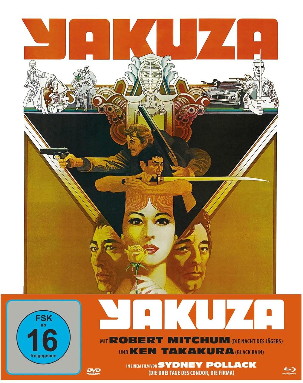 Filmplakat für Yakuza. Zeigt eine Frau mit Rose, Männer mit Waffen, Schwertern und den Titel in Orange. Blu-ray-Logo vorhanden.