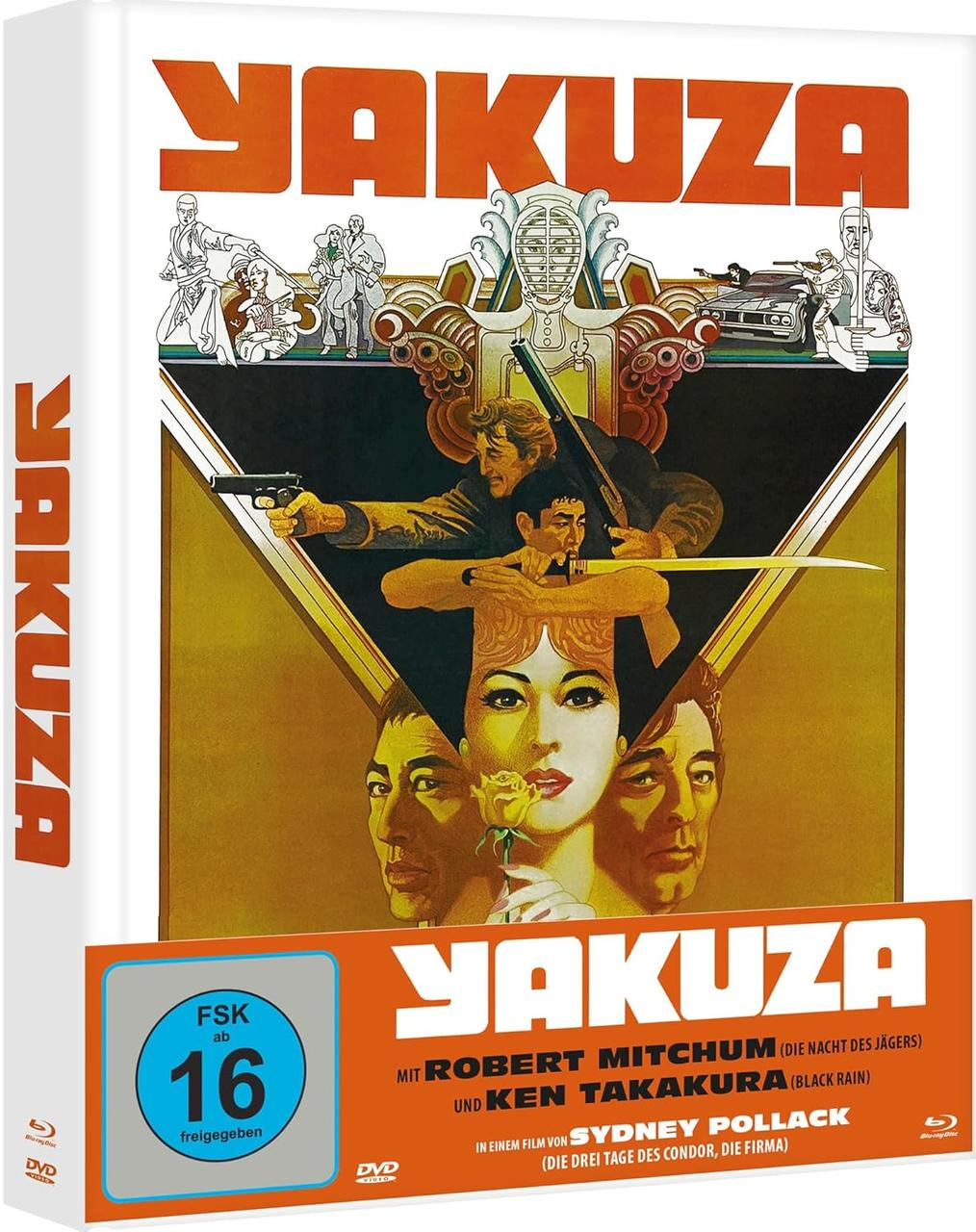 DVD-Cover des Films Yakuza. Zeigt Schauspieler, eine Frau mit Rose und Text. Enthält ein Bewertungssymbol und Filmcredits.