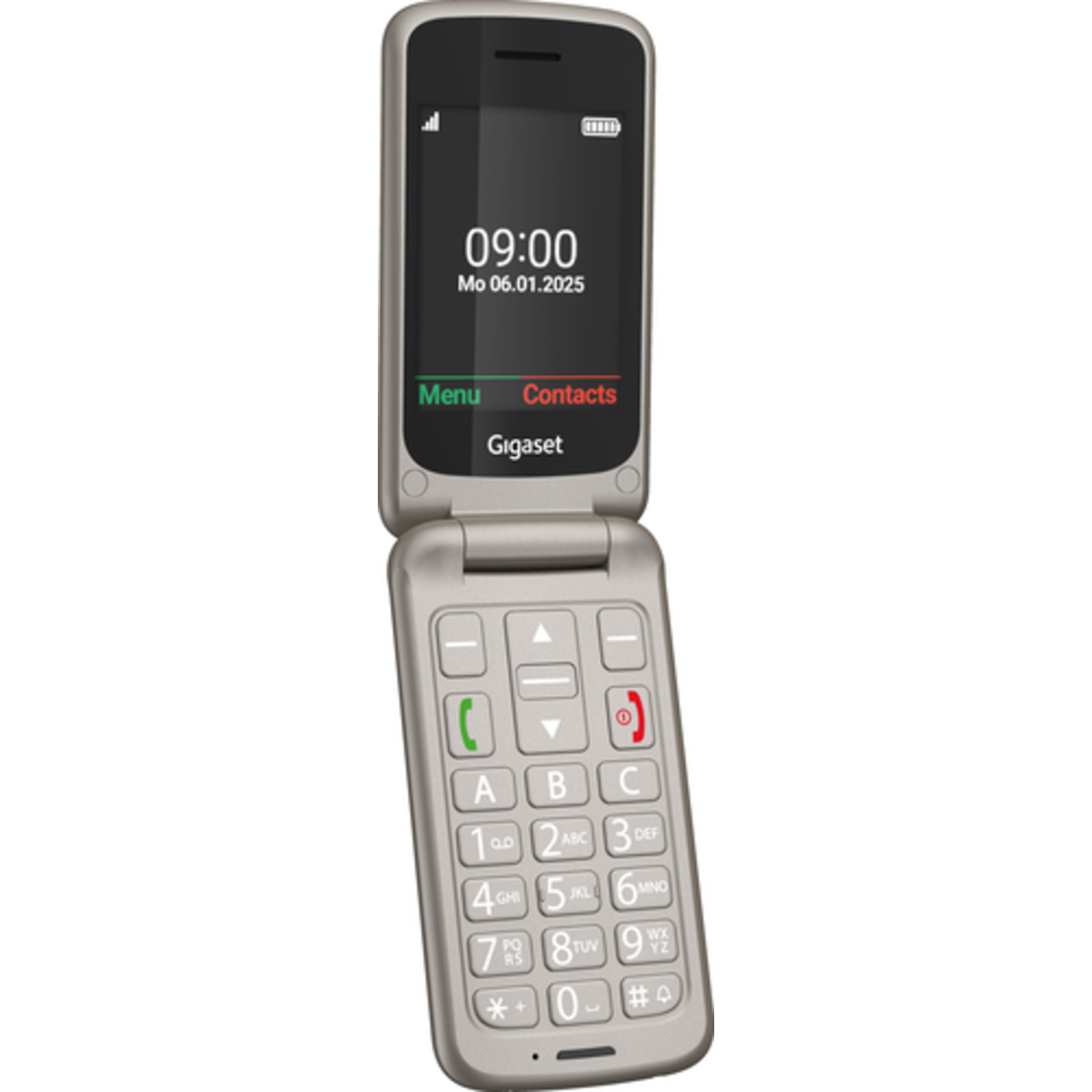 Een zilveren klaptelefoon is open en toont tijd, datum en gelabelde knoppen. Het heeft een zwart scherm en een Gigaset-logo.