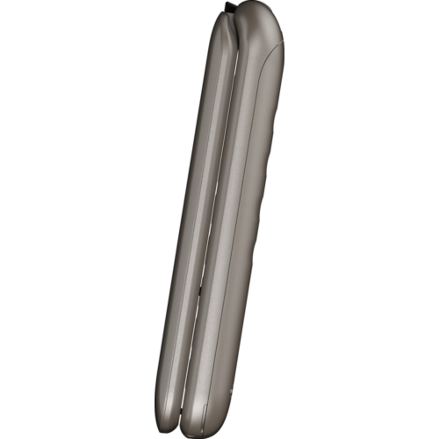 Een gesloten, metallic grijze stijltang, schuin bekeken tegen een witte achtergrond.