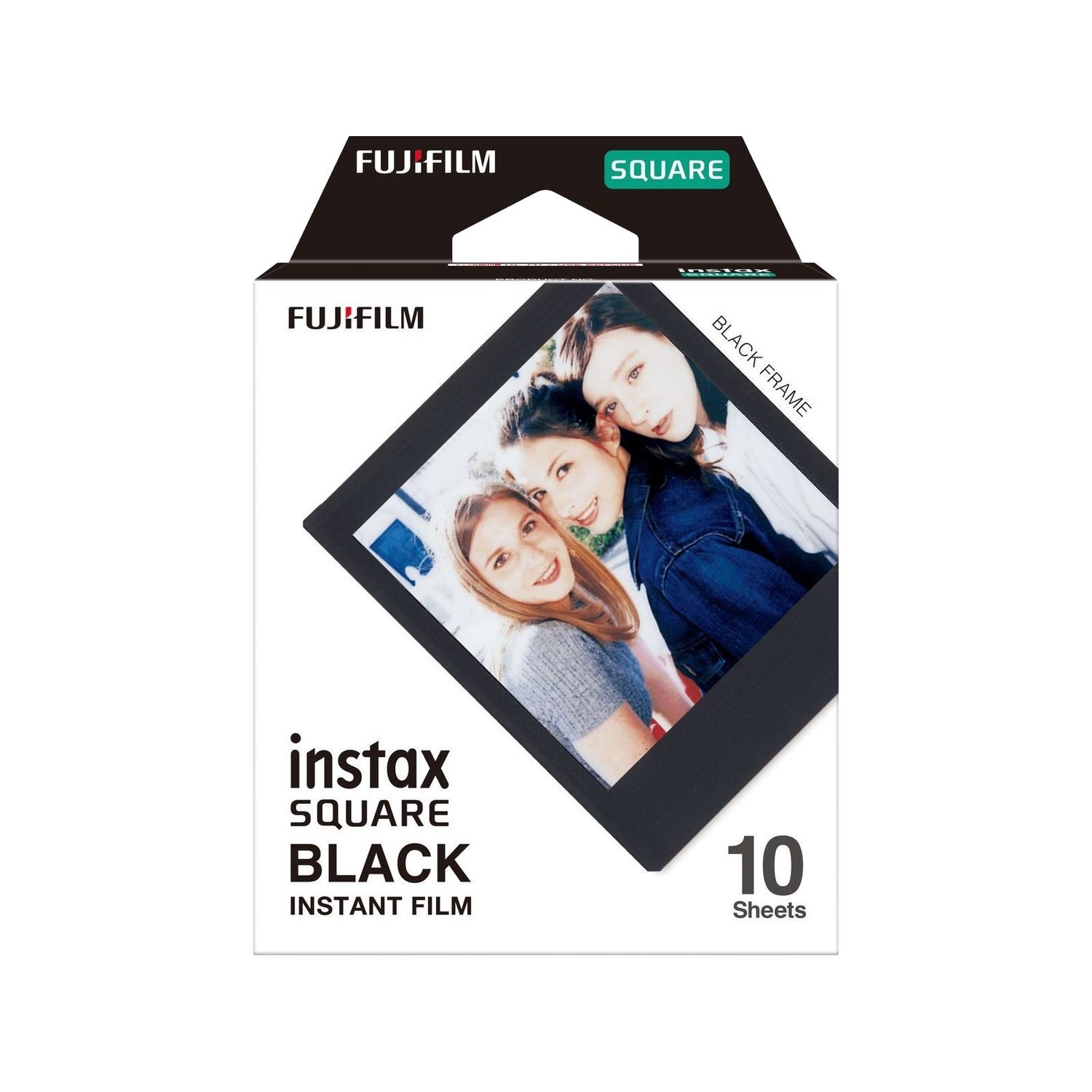 Een Fujifilm Instax Square Black instant filmdoos, met een foto van drie vrouwen. De doos zegt ook '10 vellen'.