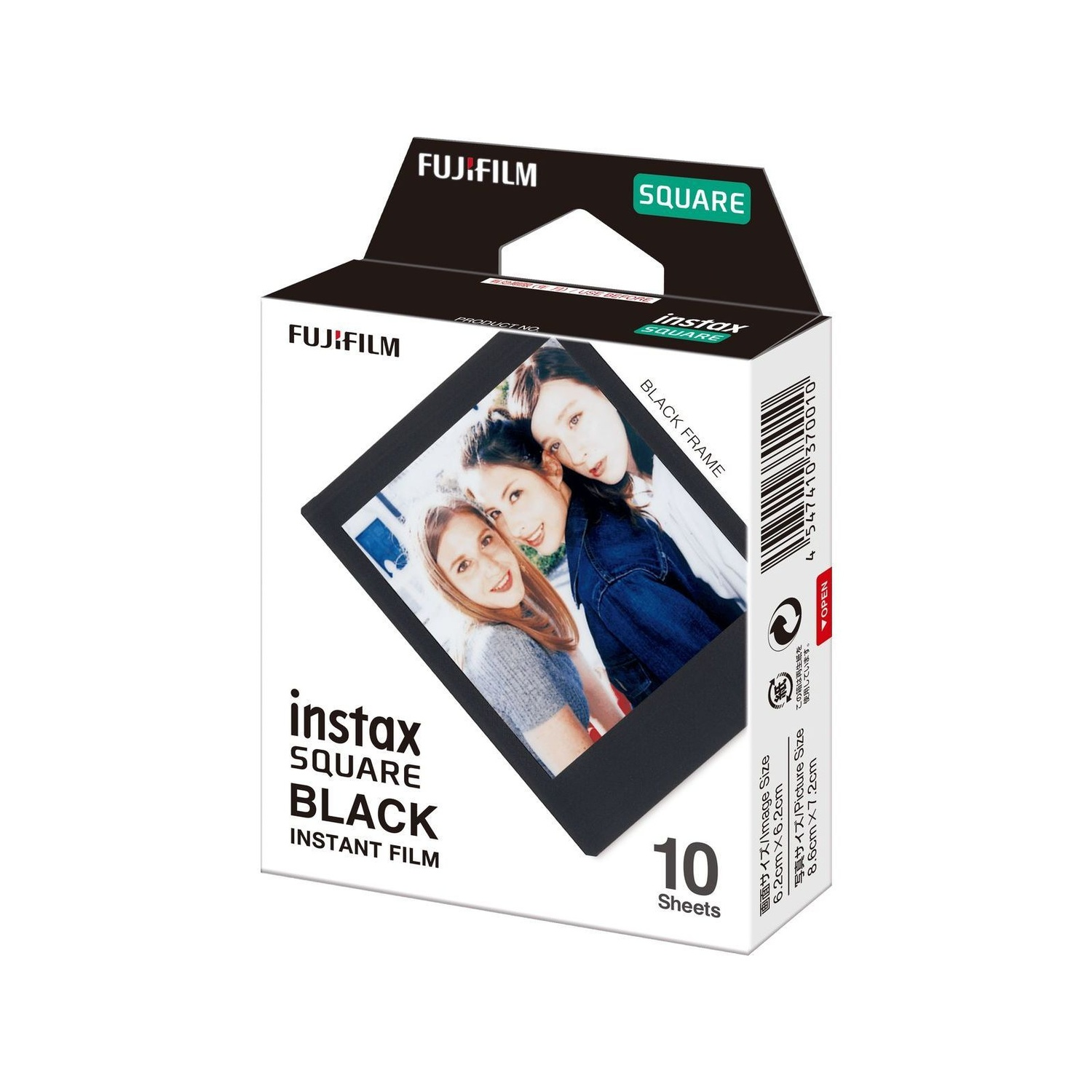 Een doosje Fujifilm instax SQUARE BLACK instant film. De doos toont het merk, de productnaam en een foto van drie vrouwen.