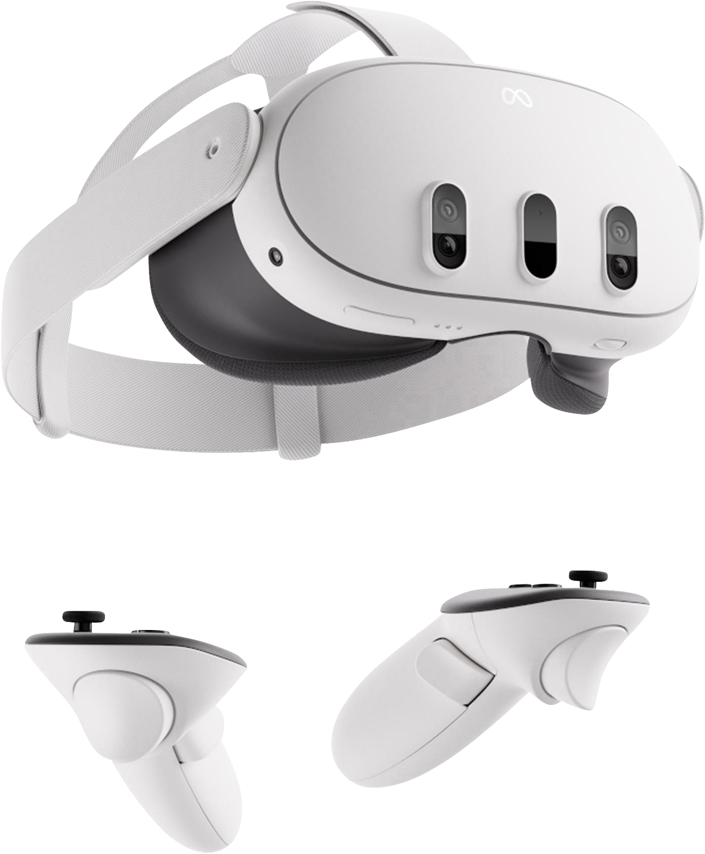 Weißes VR-Headset und Controller. Das Headset hat drei Frontkameras und ein Band. Controller haben Knöpfe und Joysticks.
